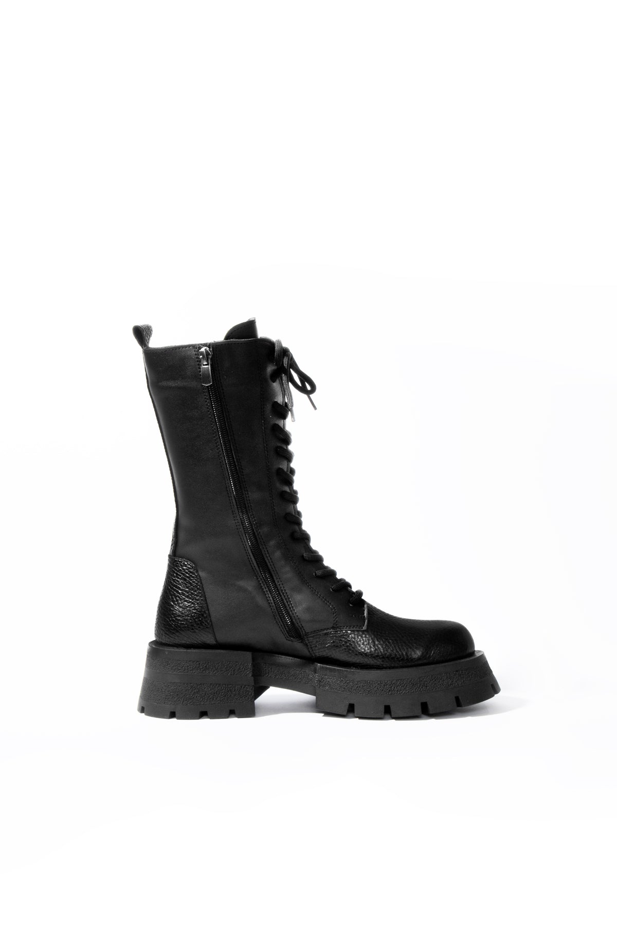 Black Chunky Sole Leather Combat Boots Genny