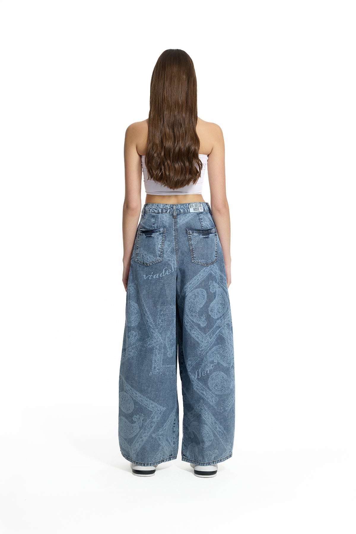 Blue Patterned Washed Wide Leg Denim Trousers 19061