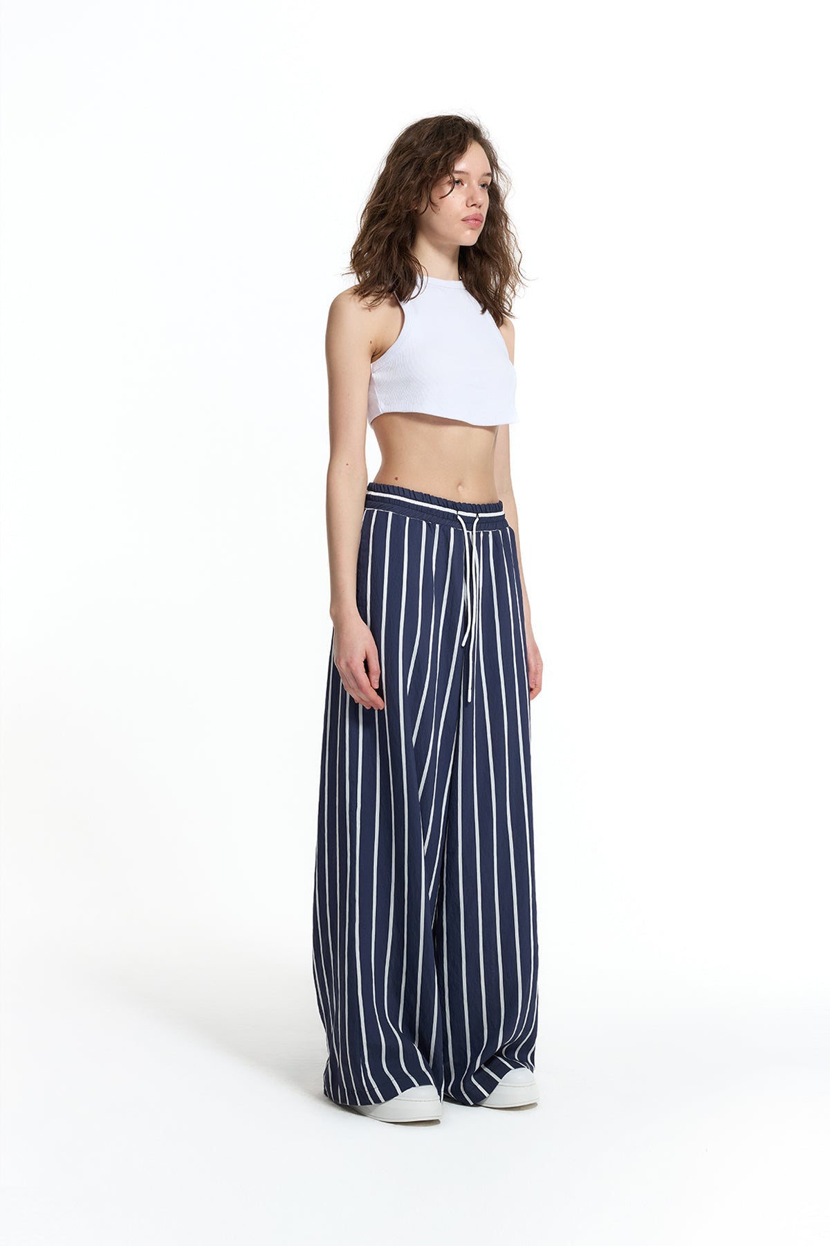 Blue White Draped Striped Wide Leg Trousers 19087