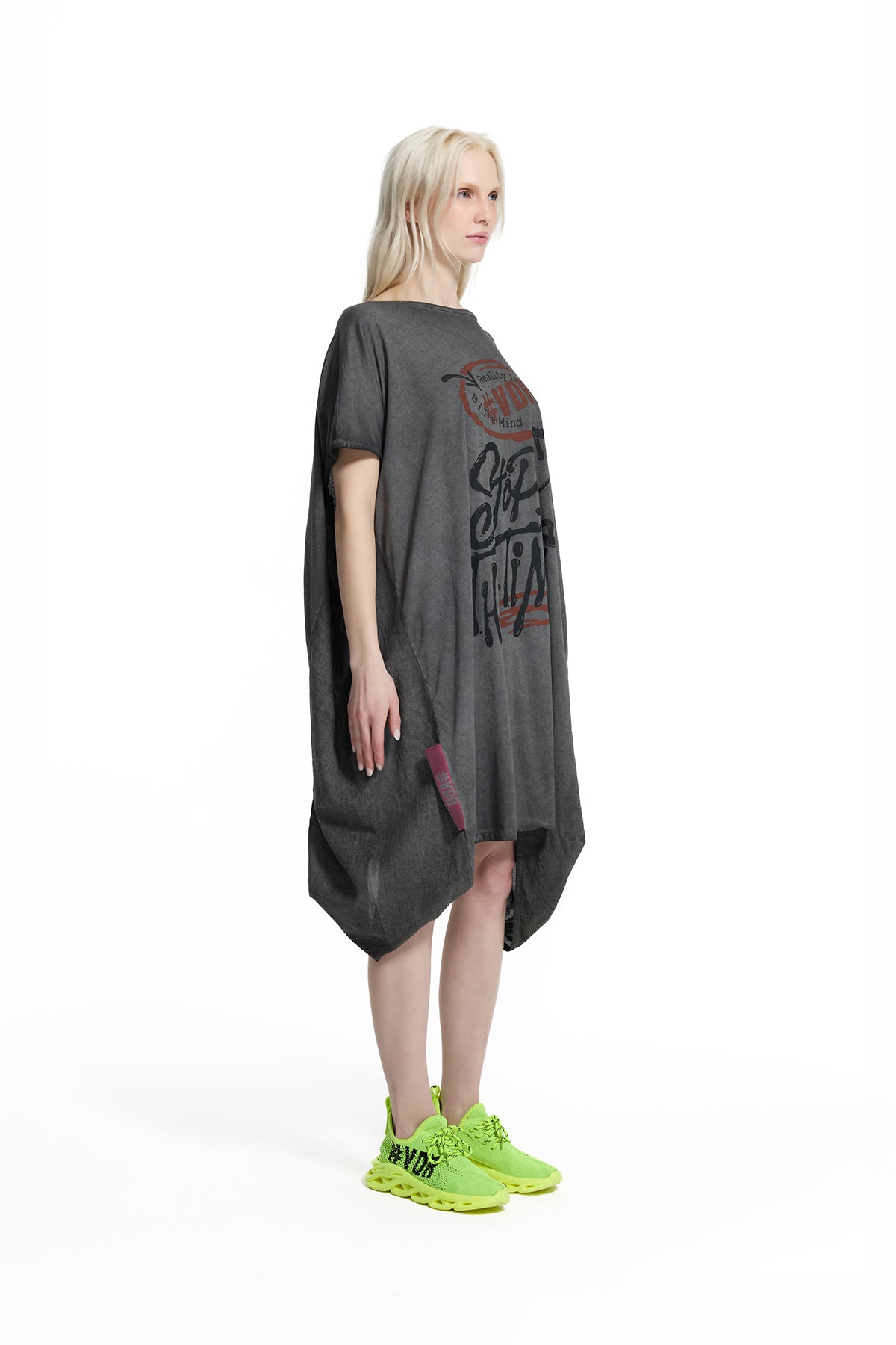 Black Washed Graphic Expression Oversized T-shirt Dress 19095