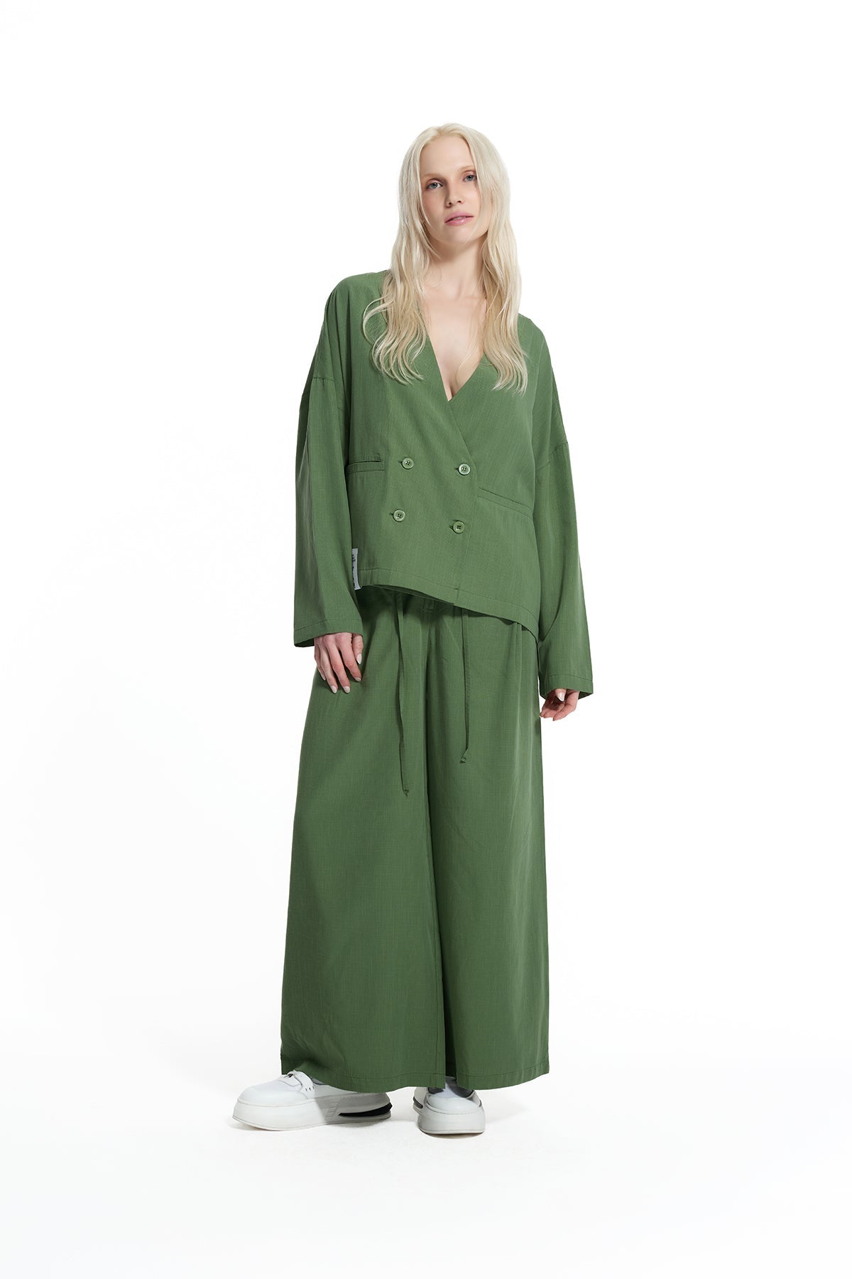 Khaki Draped Wide-leg Drawstring Trousers 19096