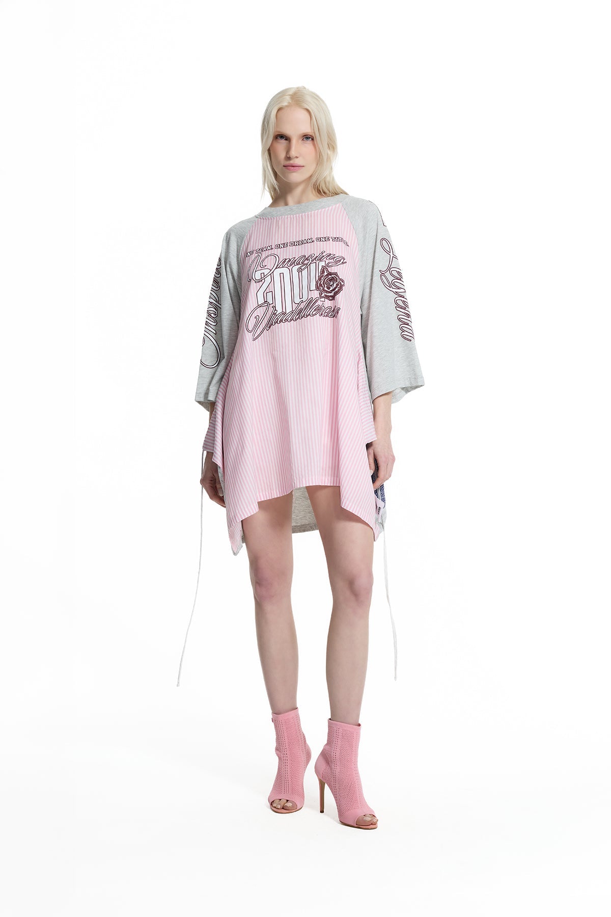 Pink Grey Melange Lace-up Contrast Panel Tunic 19136