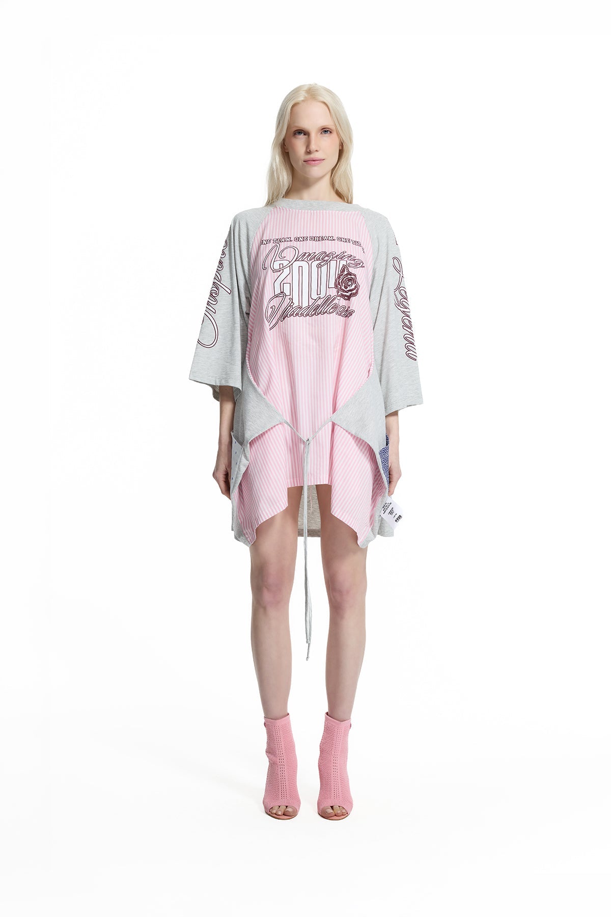 Pink Grey Melange Lace-up Contrast Panel Tunic 19136