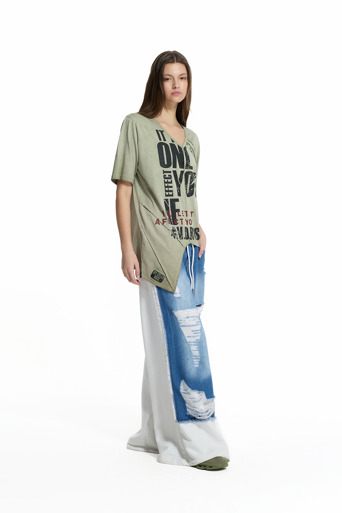 Khaki Graphic Asymmetric T-shirt 19140