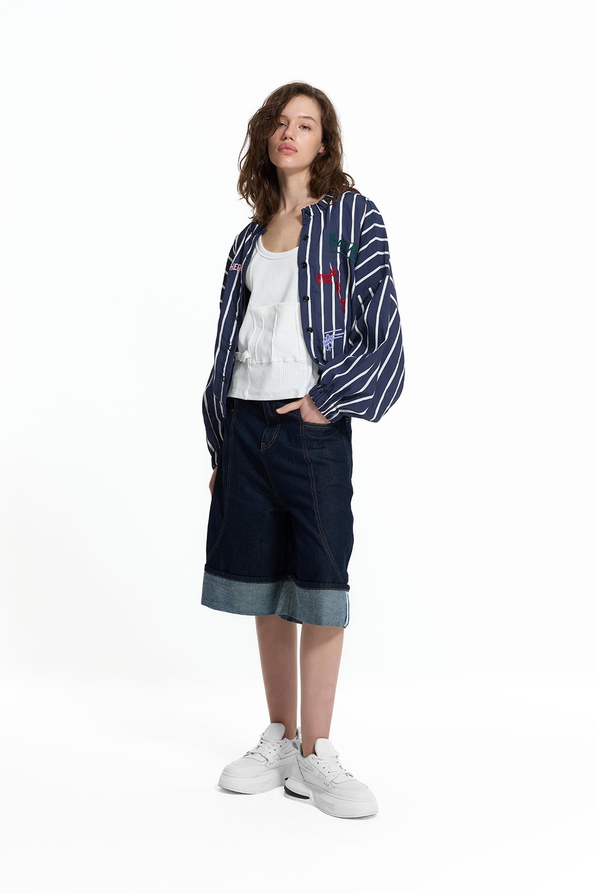 Blue White Embroidered Bomber Jacket 19150
