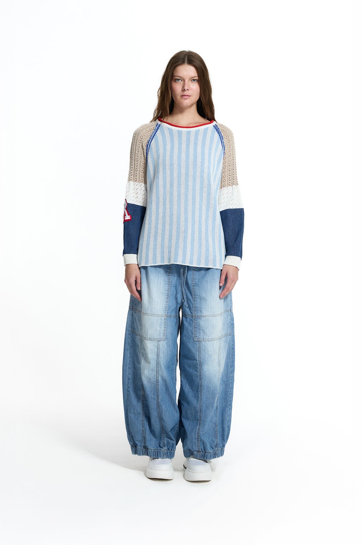 Light Blue Striped Raglan Knit Sweater 19161