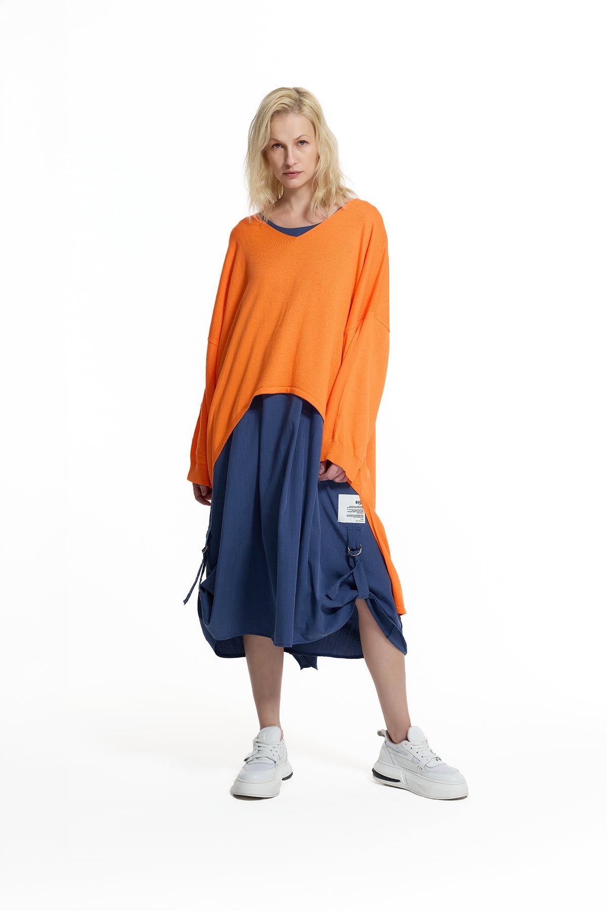 Orange High-low Printed Knit Sweater 19171