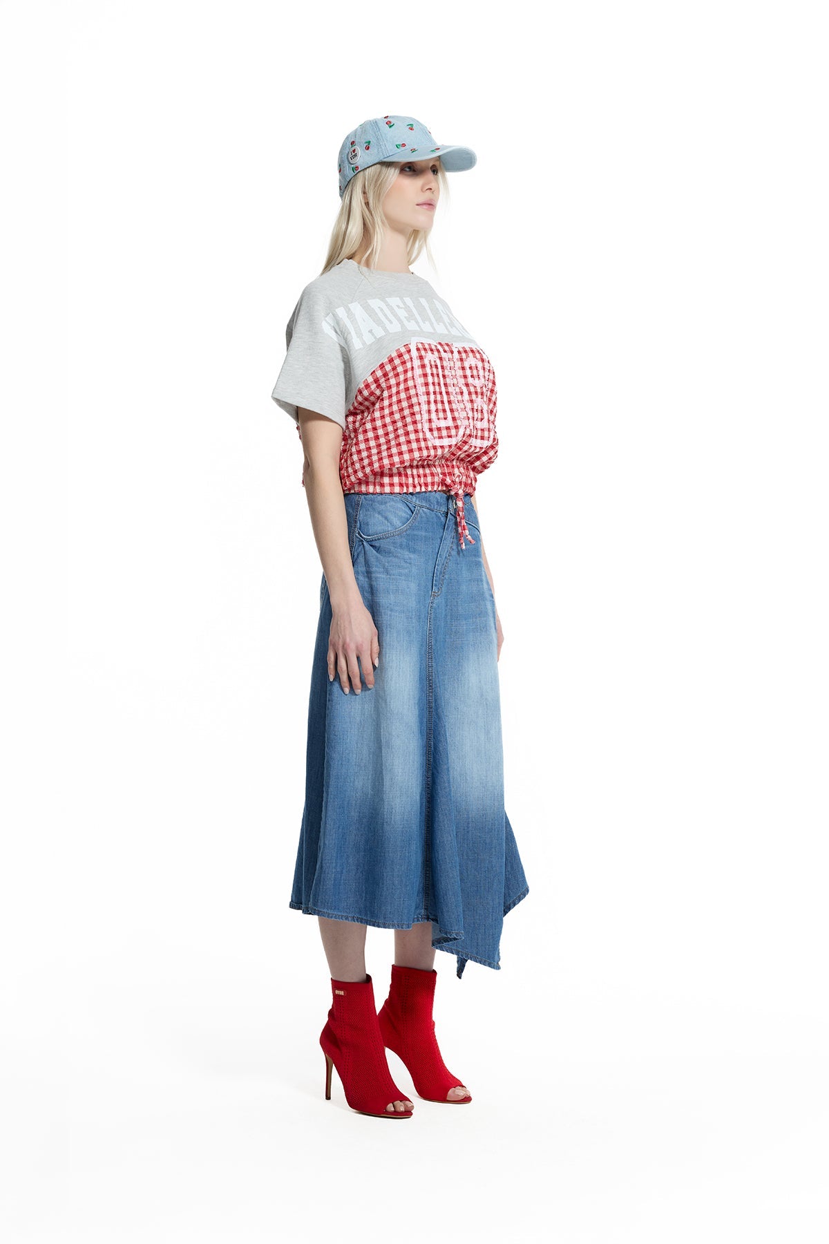 Grey Melange Red Drawstring Gingham Panel Sweatshirt 19196