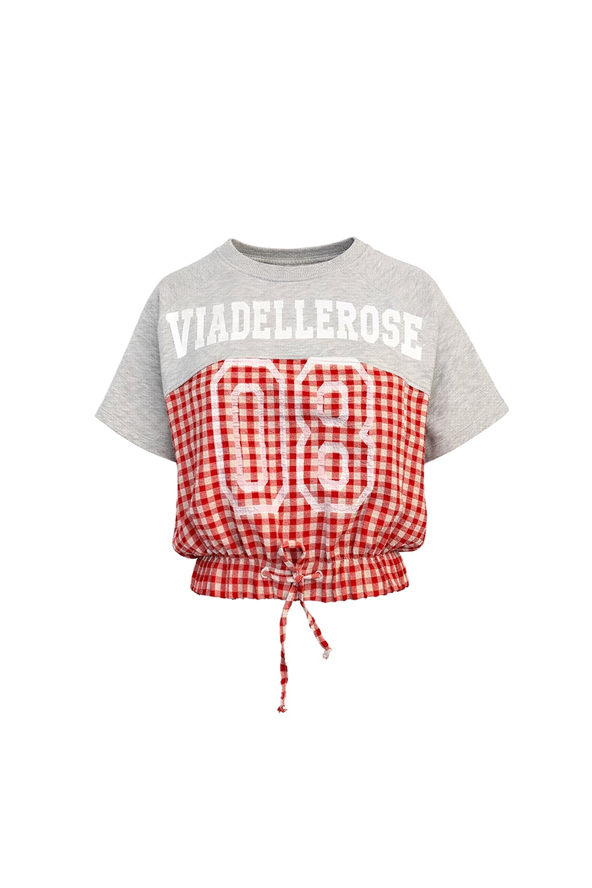 Grey Melange Red Drawstring Gingham Panel Sweatshirt 19196