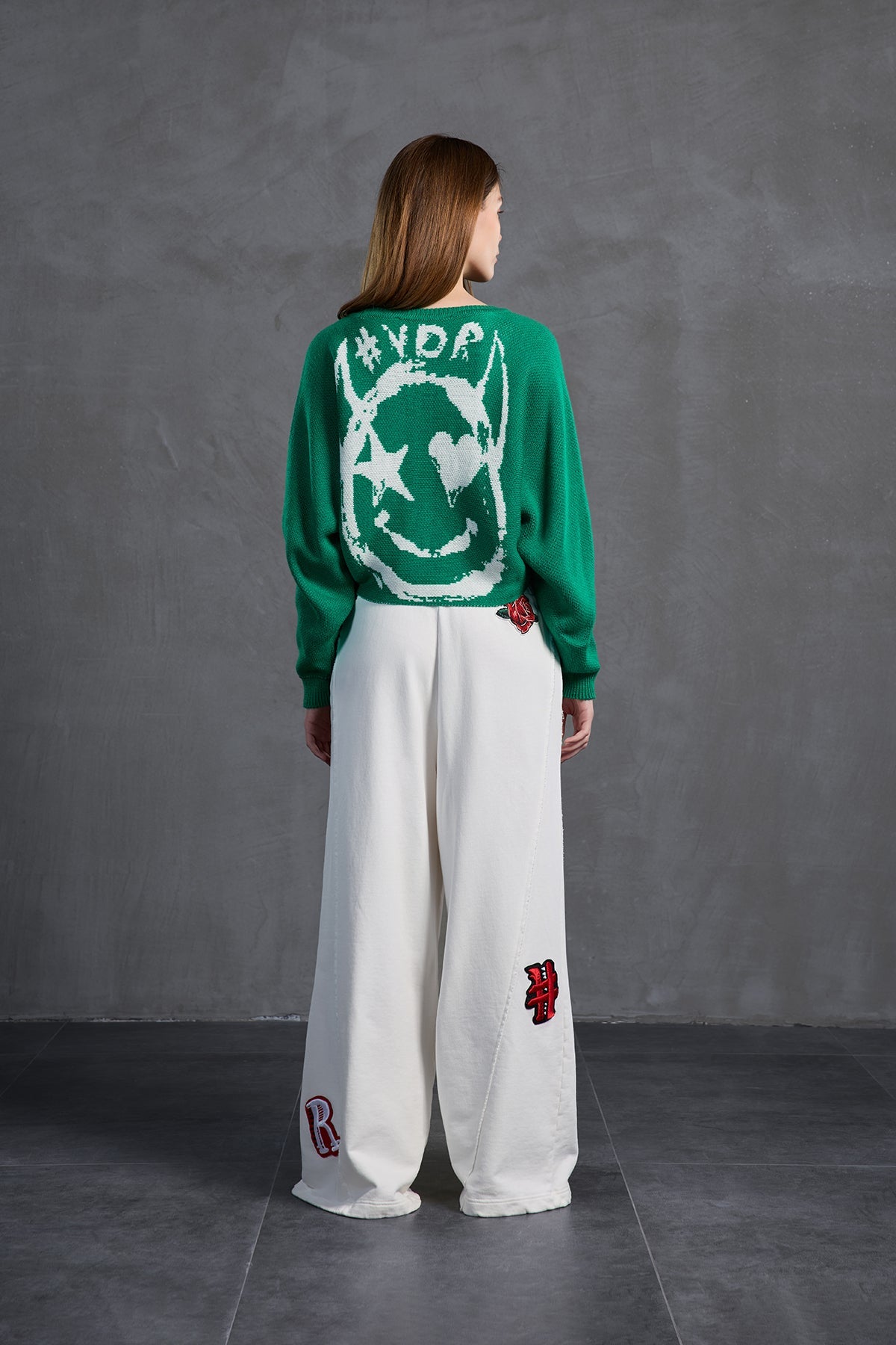 Green Boat Neck Text Print Knit Sweater 18053