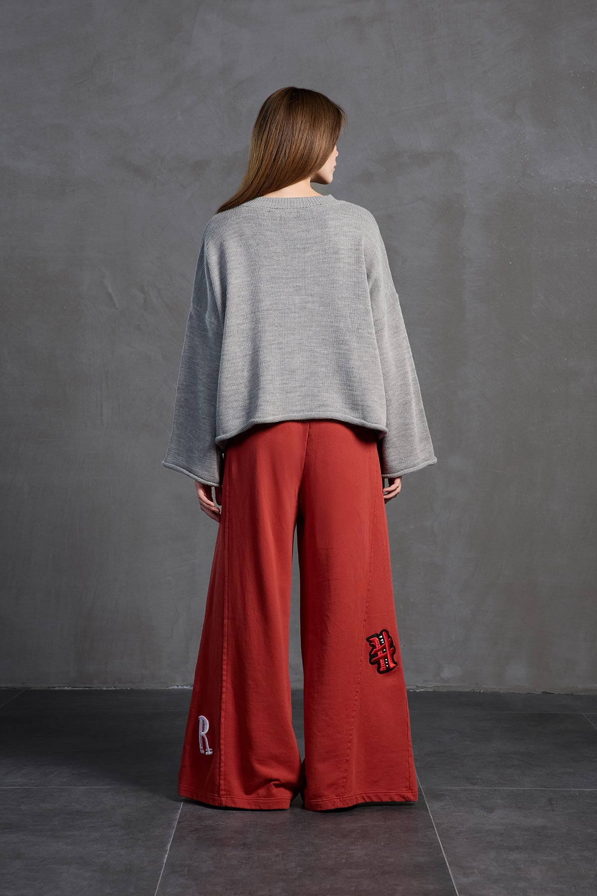 Grey Melange Printed Oversized Knit Sweater 18057