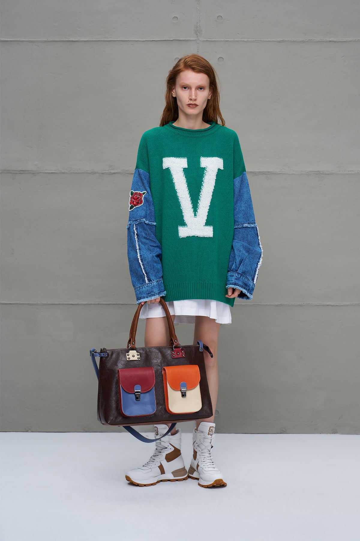 Green Blue Letter Print Oversized Knit Sweater 18073