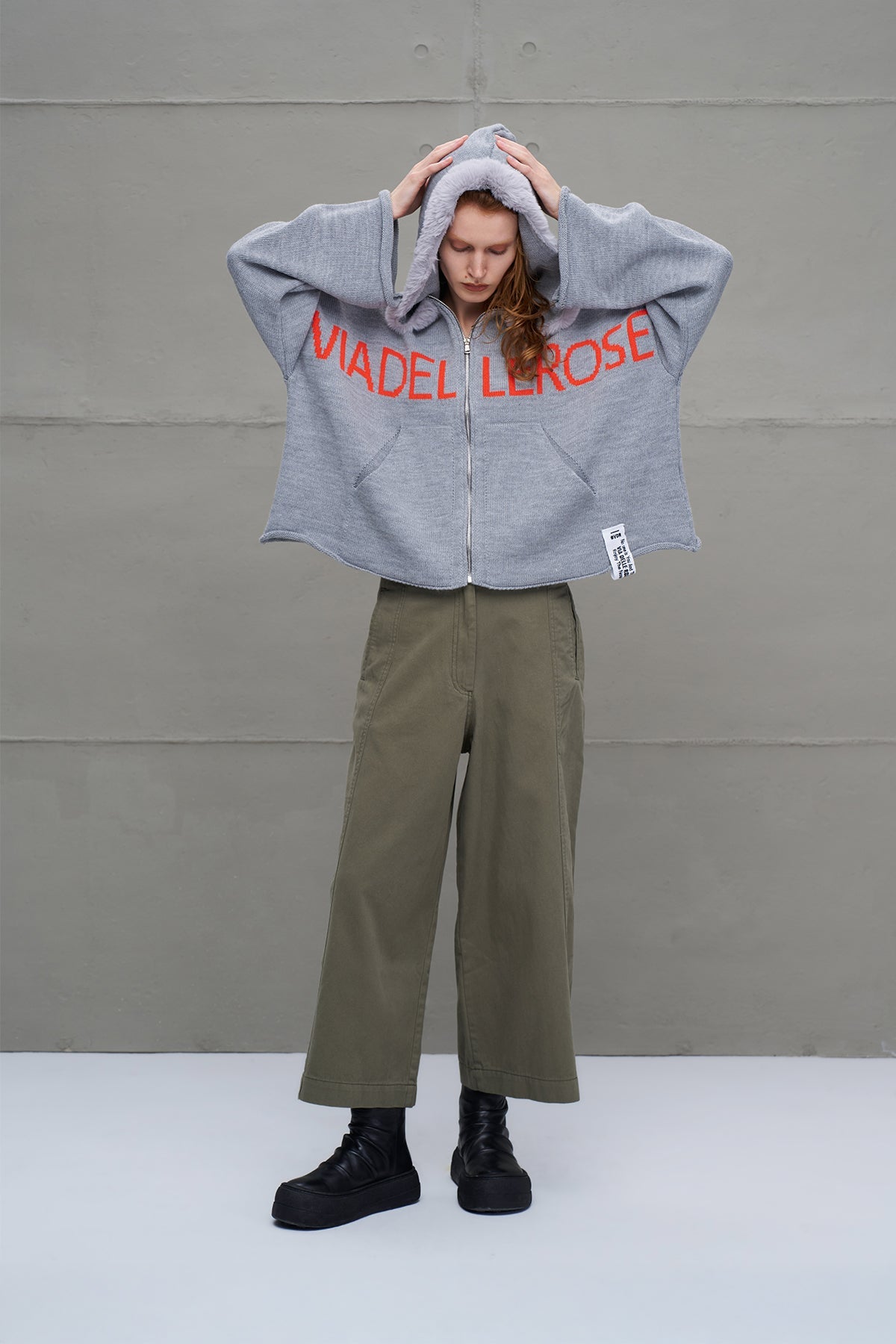 Grey Melange Zip-up Lettering Oversized Knit Sweater 18076