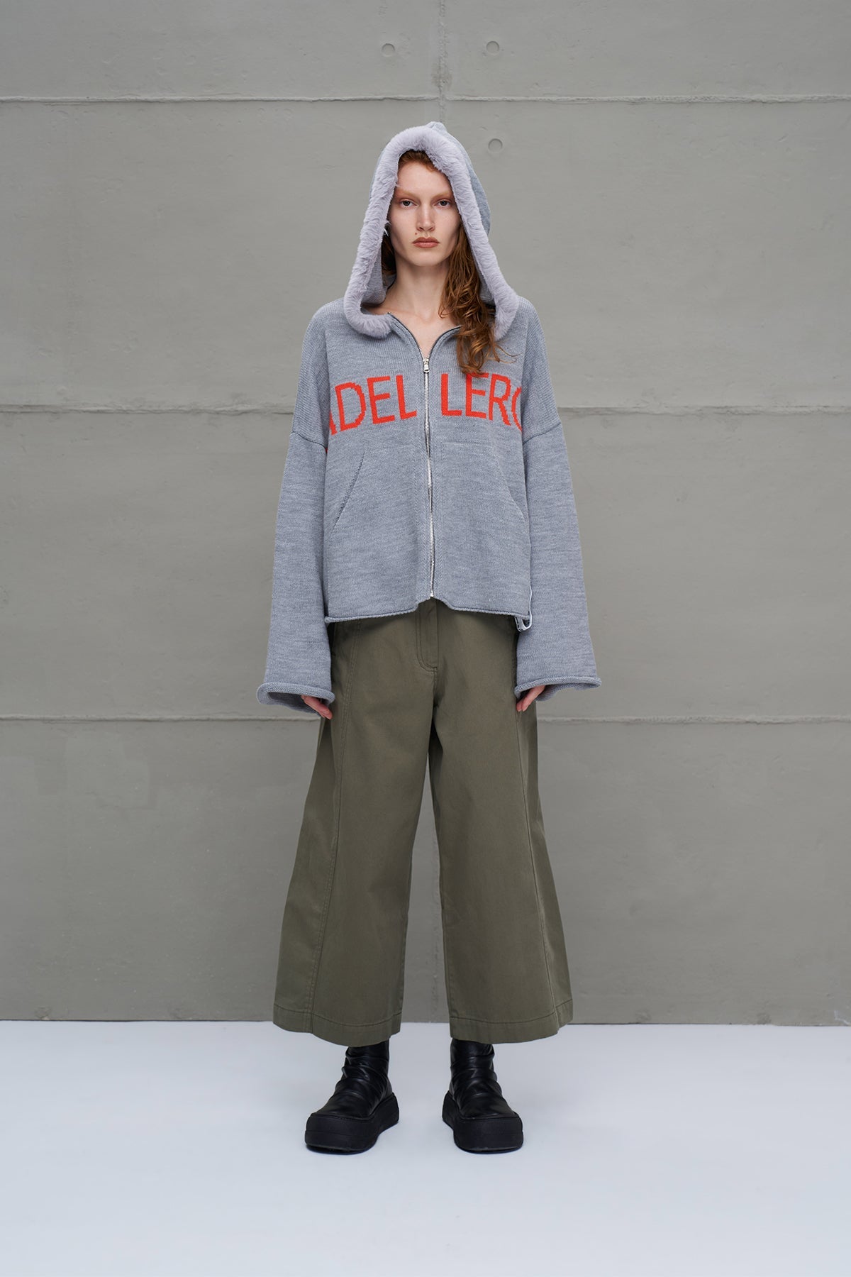 Grey Melange Zip-up Lettering Oversized Knit Sweater 18076