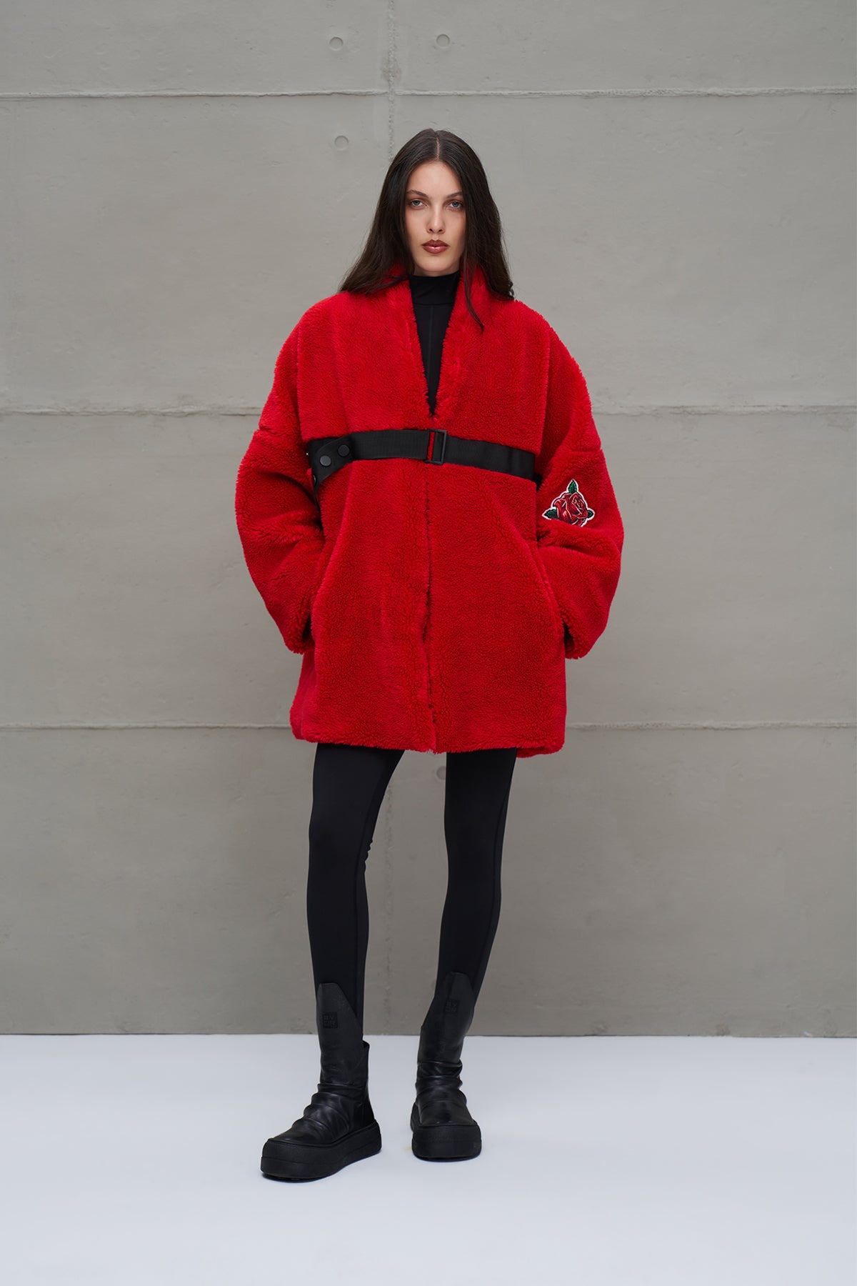 Red Faux Fur Look Belted Oversize Coat 18238