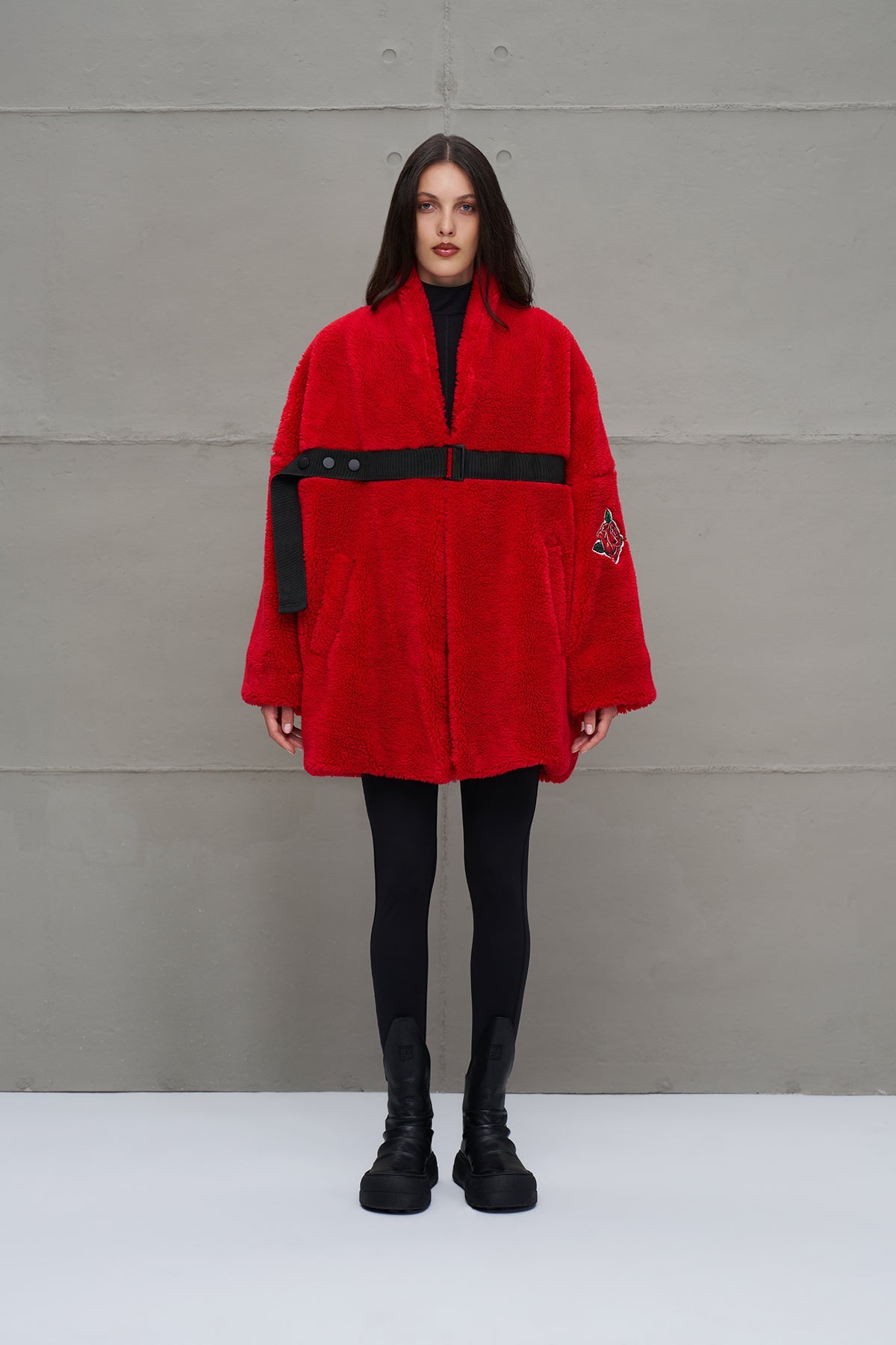 Red Faux Fur Look Belted Oversize Coat 18238