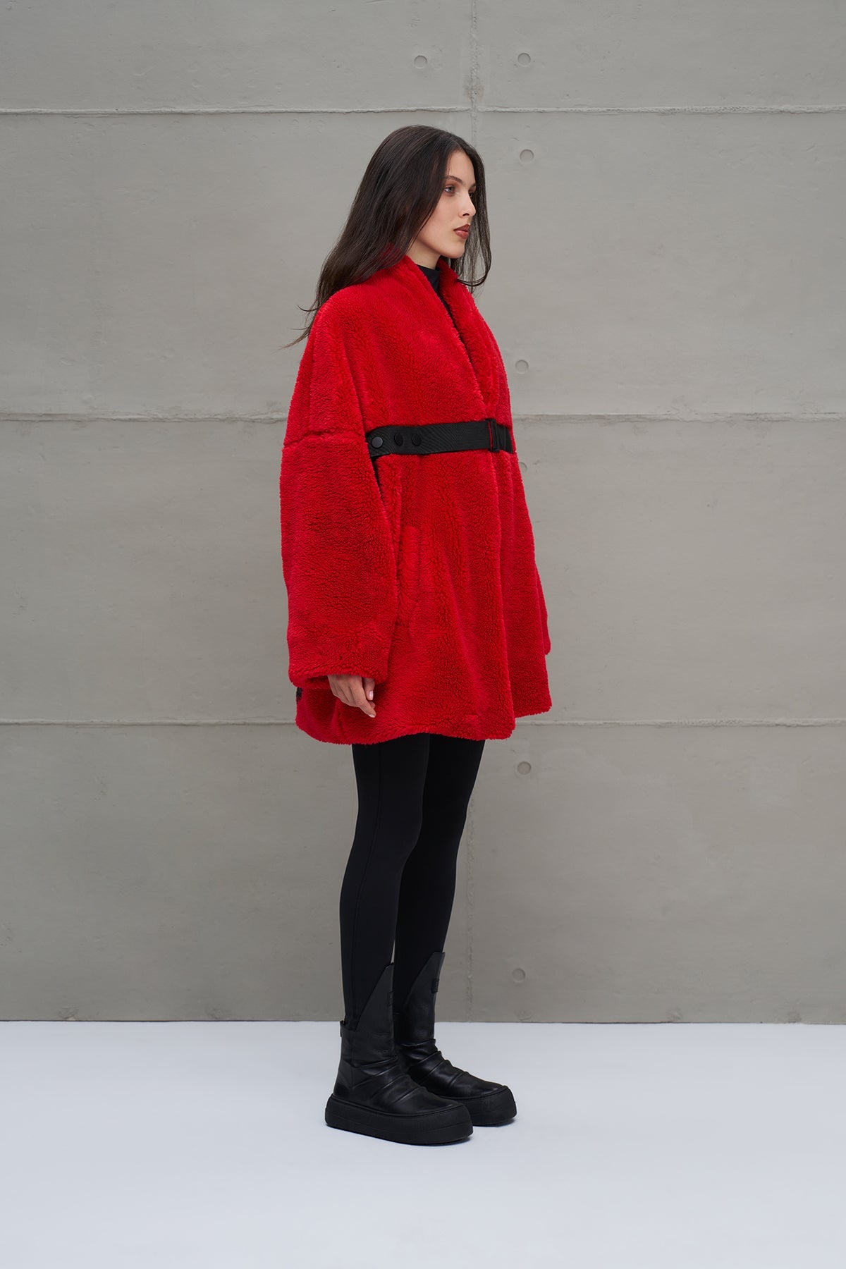 Red Faux Fur Look Belted Oversize Coat 18238