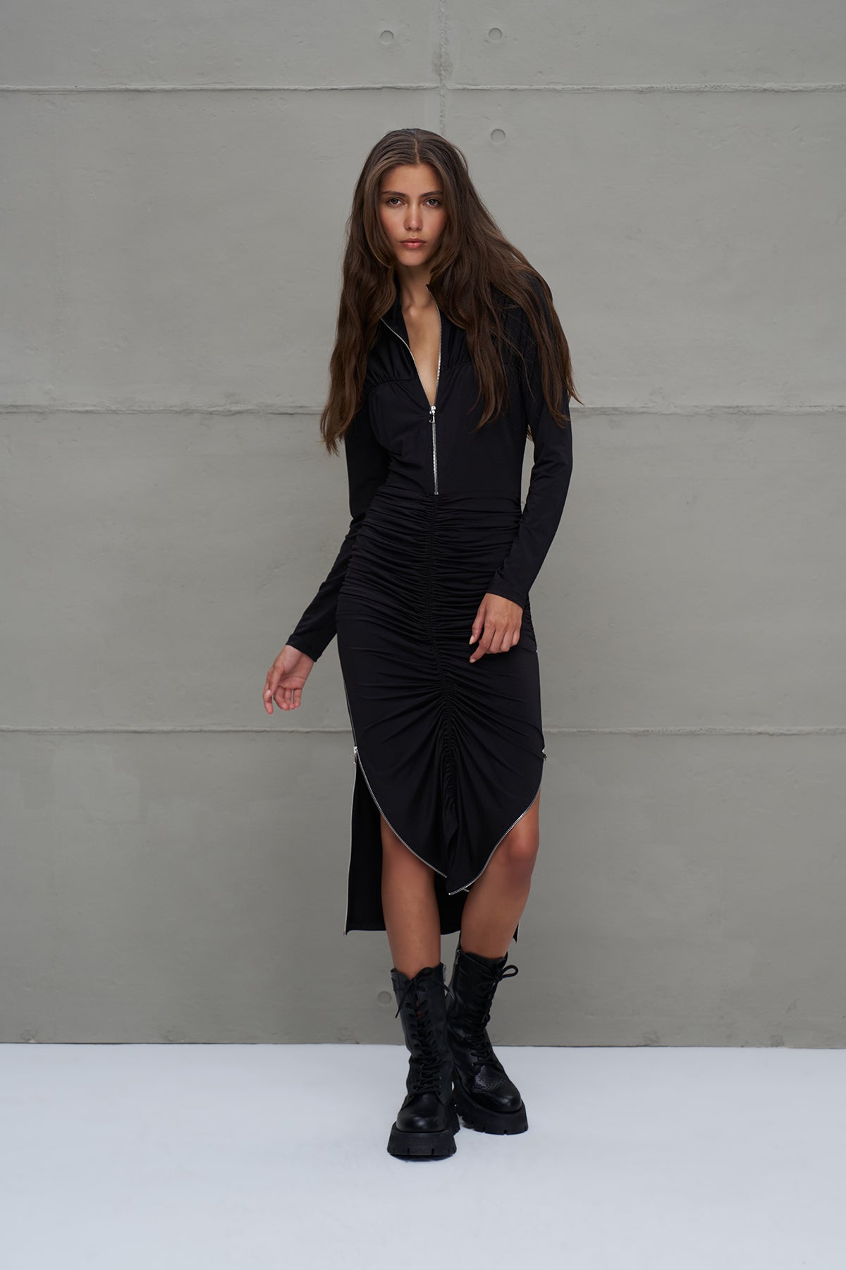 Black Zipper Detail Draped Long Dress 18272