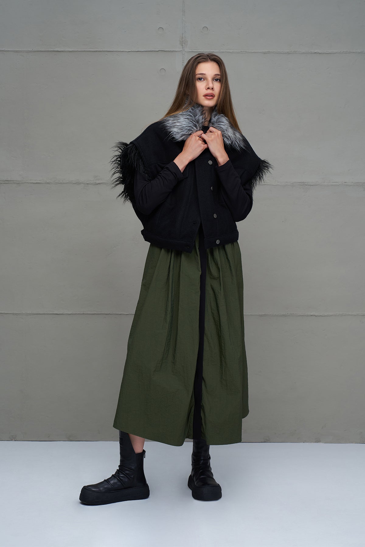 Black Green Zippered Draped Long Dress 18273