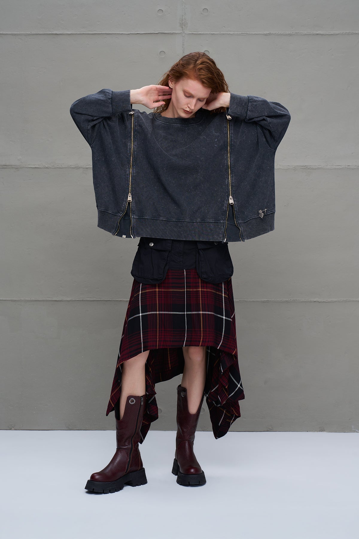Black Burgundy Plaid Asymmetric Midi Skirt 18292
