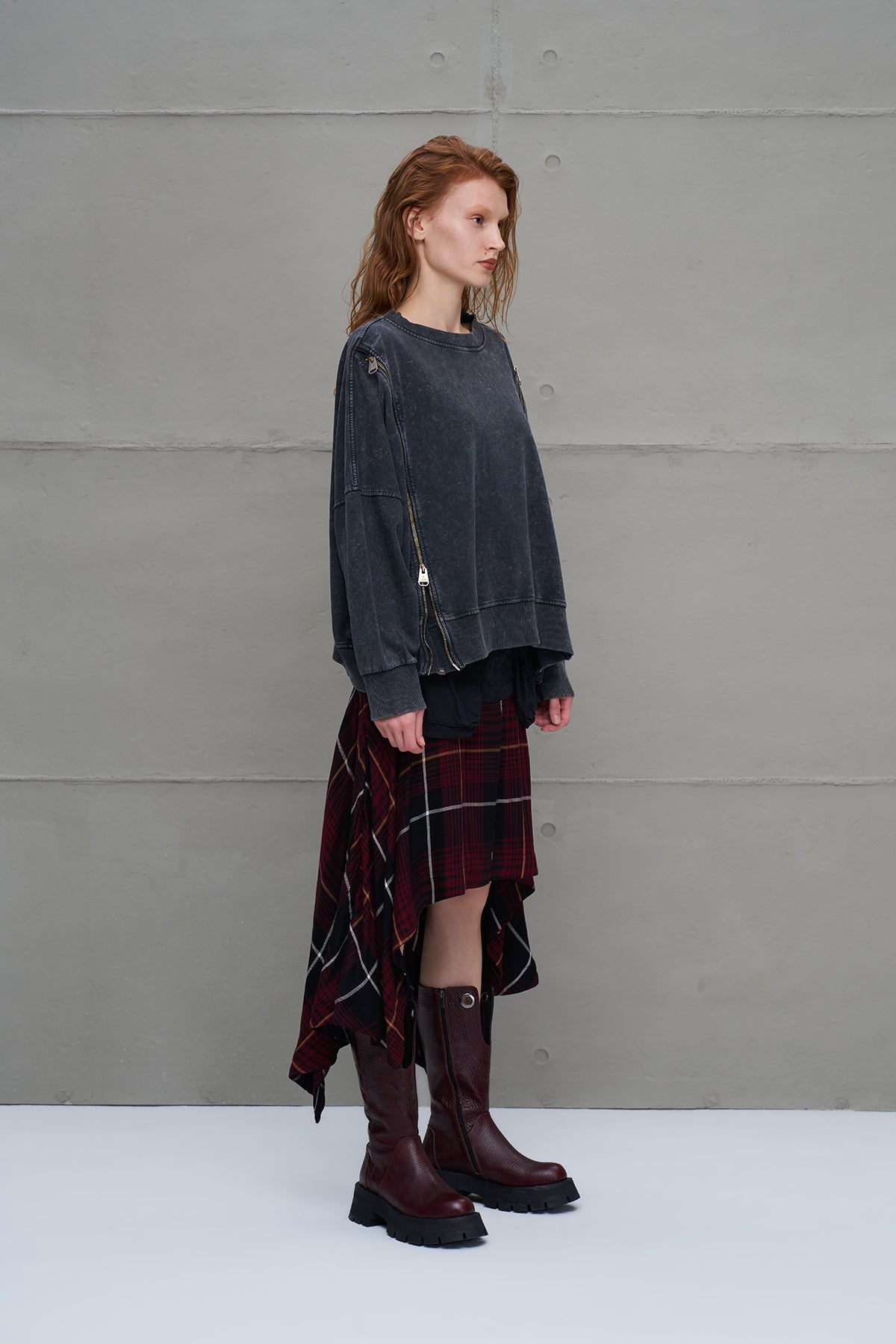 Black Burgundy Plaid Asymmetric Midi Skirt 18292