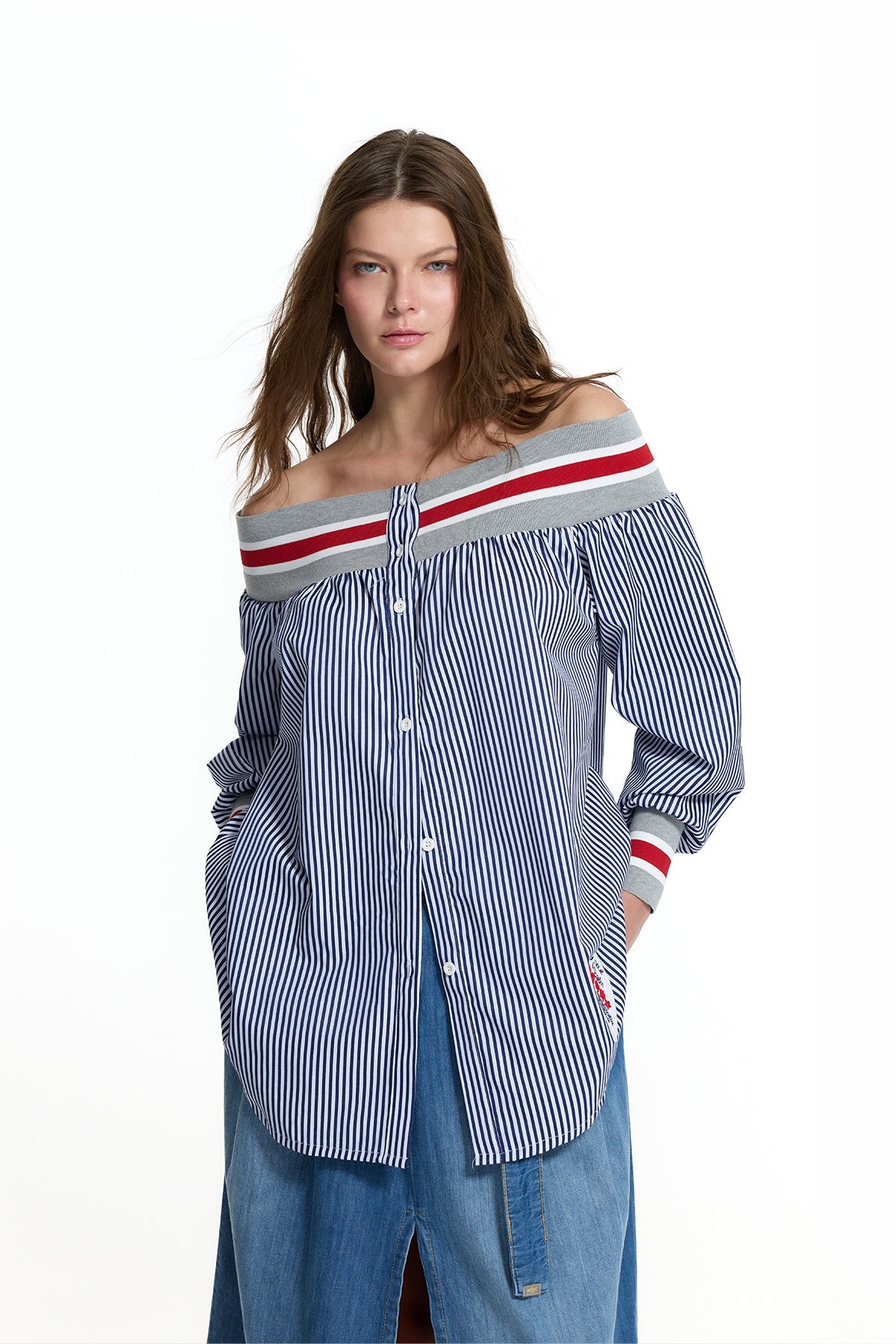 Blue White Striped Off Shoulder Detail Shirt 19006
