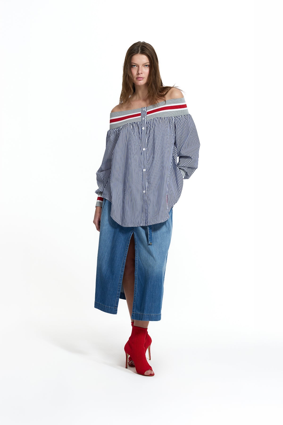 Blue White Striped Off Shoulder Detail Shirt 19006