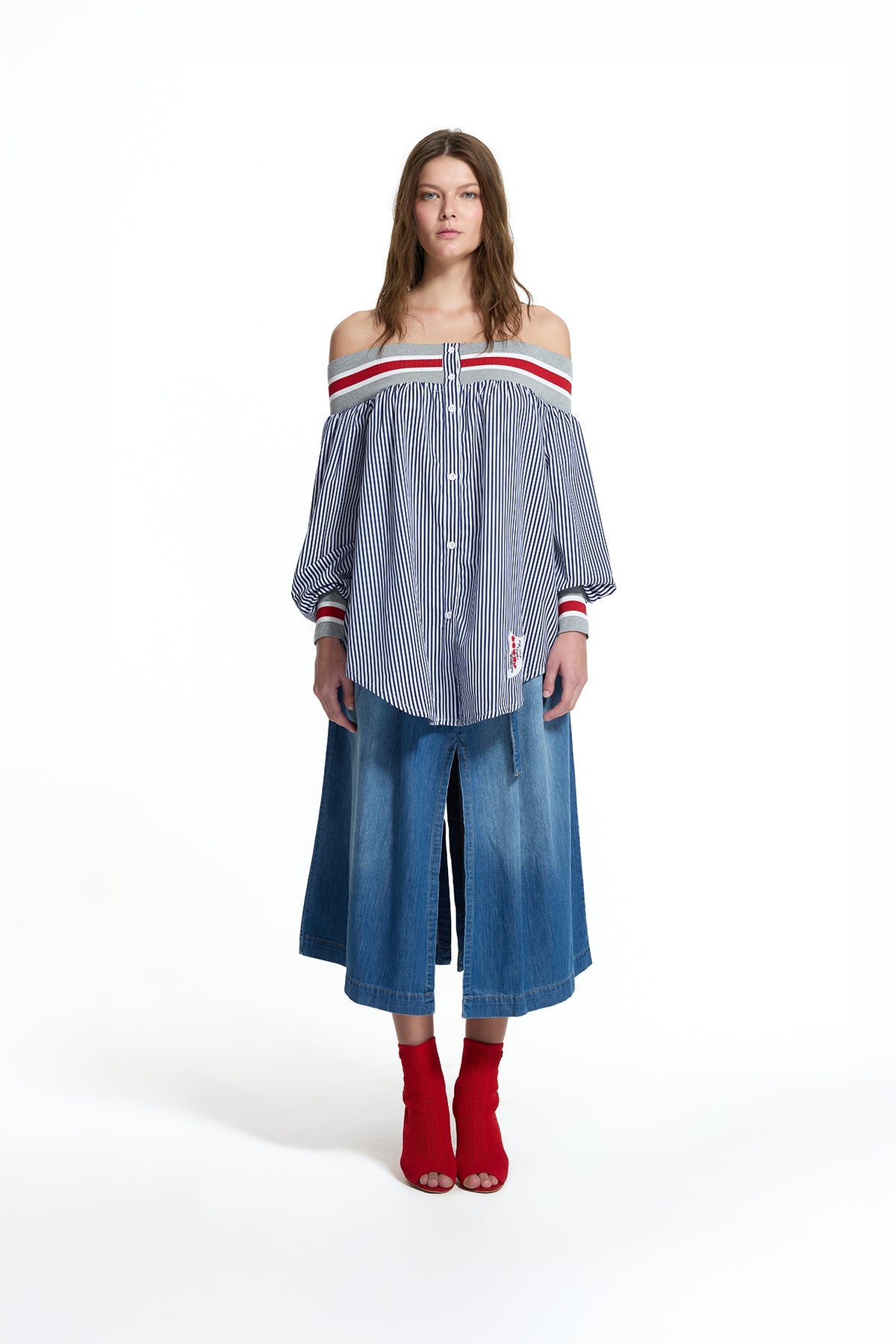Blue White Striped Off Shoulder Detail Shirt 19006
