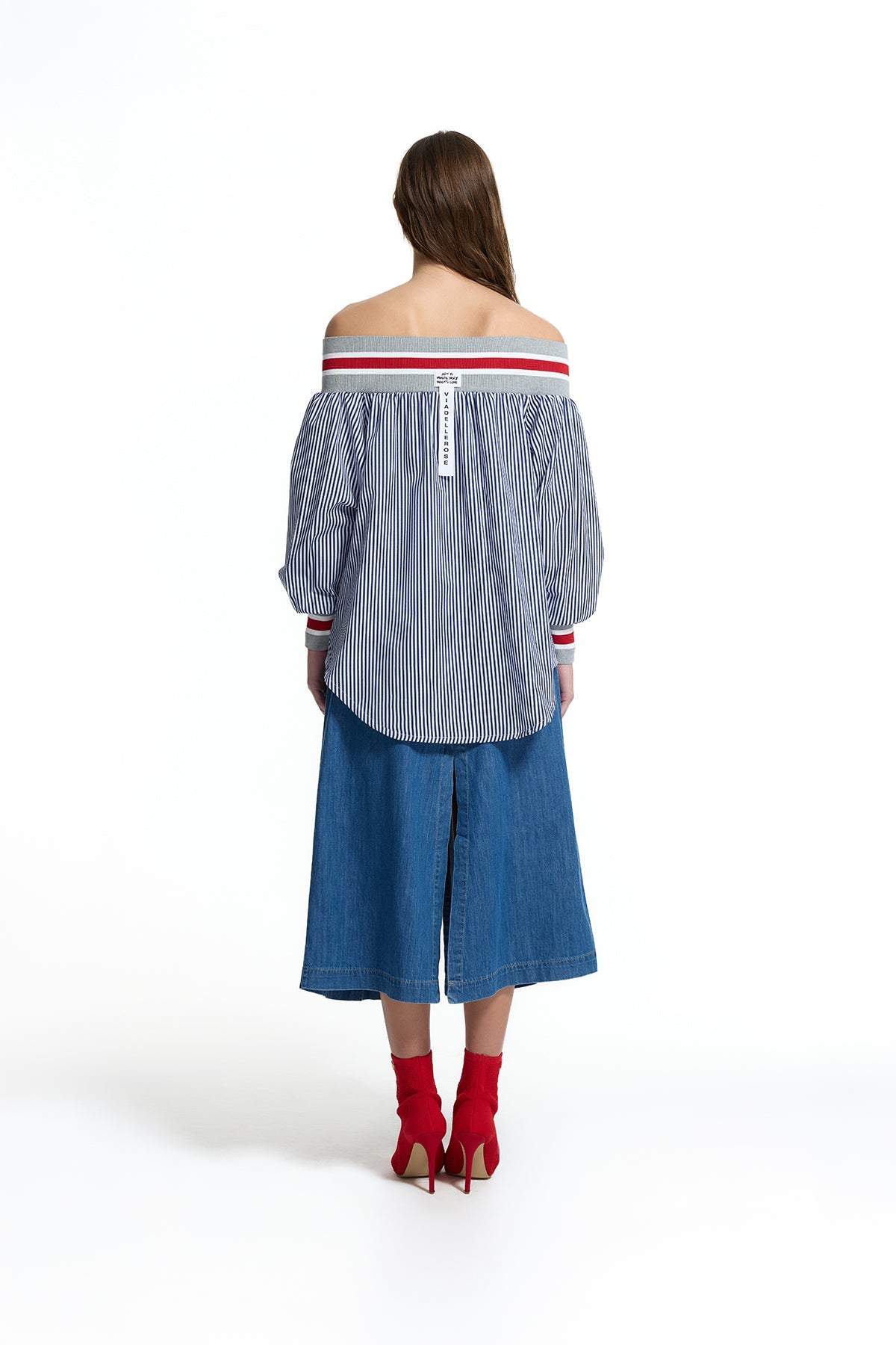 Blue White Striped Off Shoulder Detail Shirt 19006