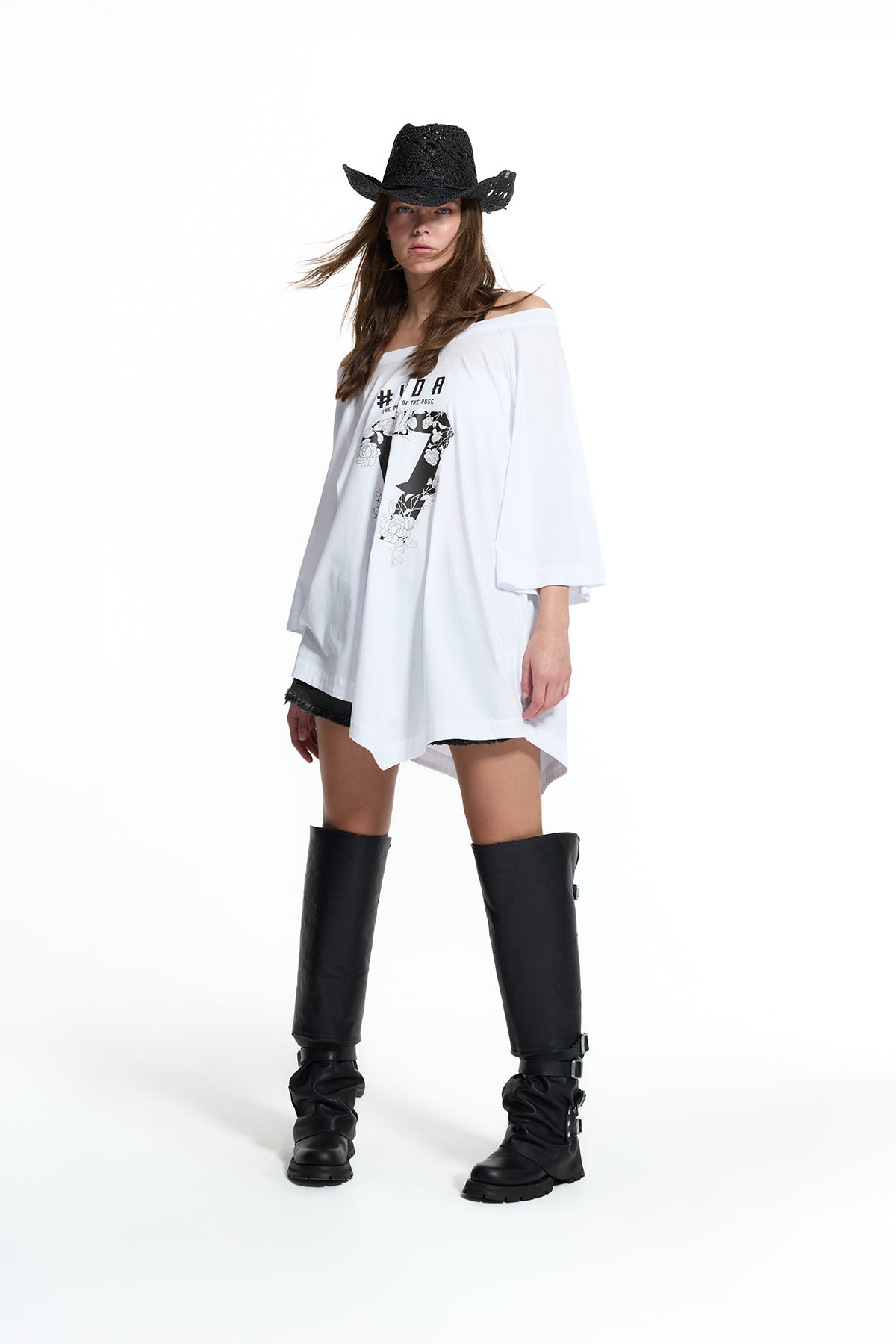 White Asymmetric Strap Detail Vdr Print Tunic 19013