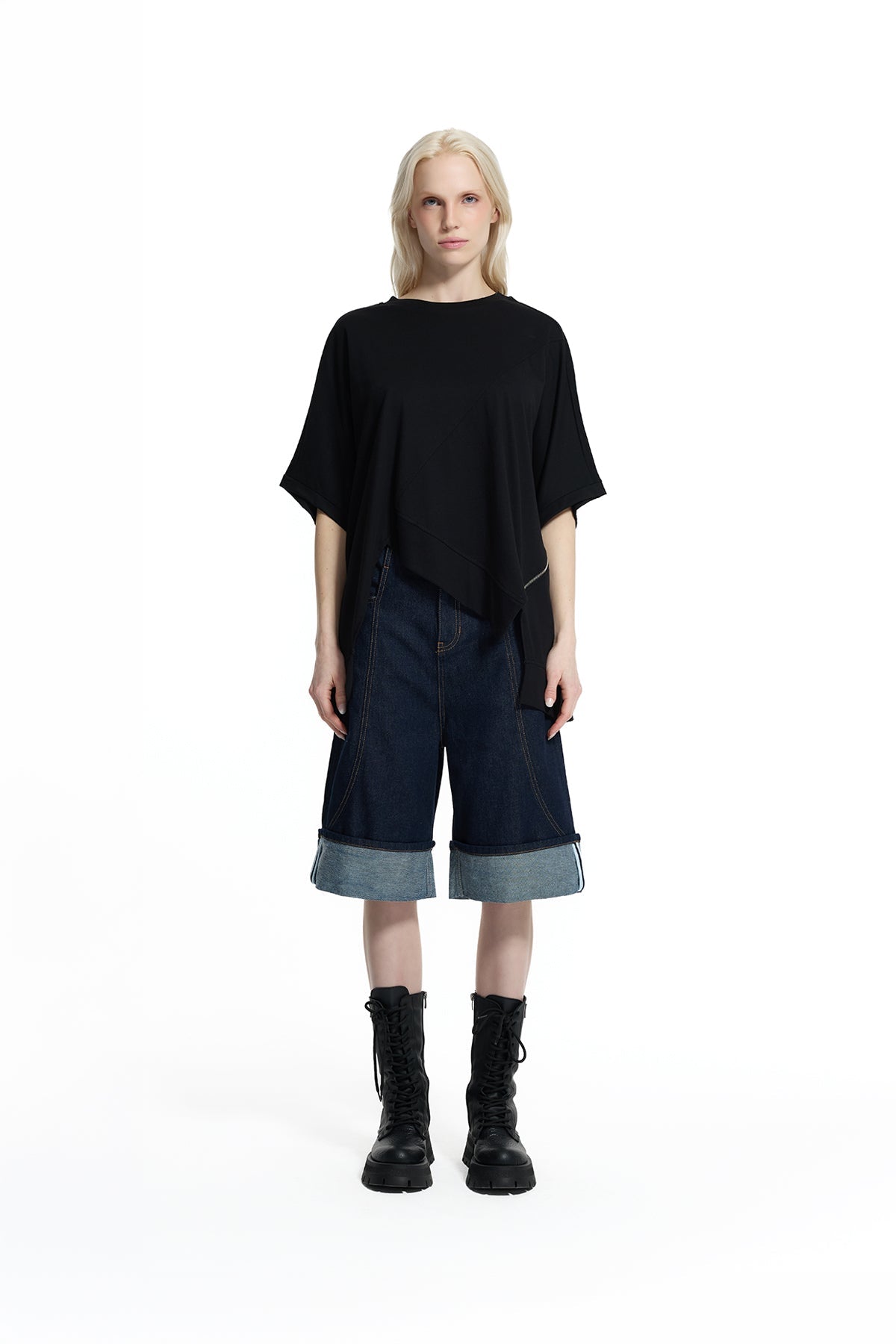 Black Asymmetric Zip Detail Oversize T-shirt 19015
