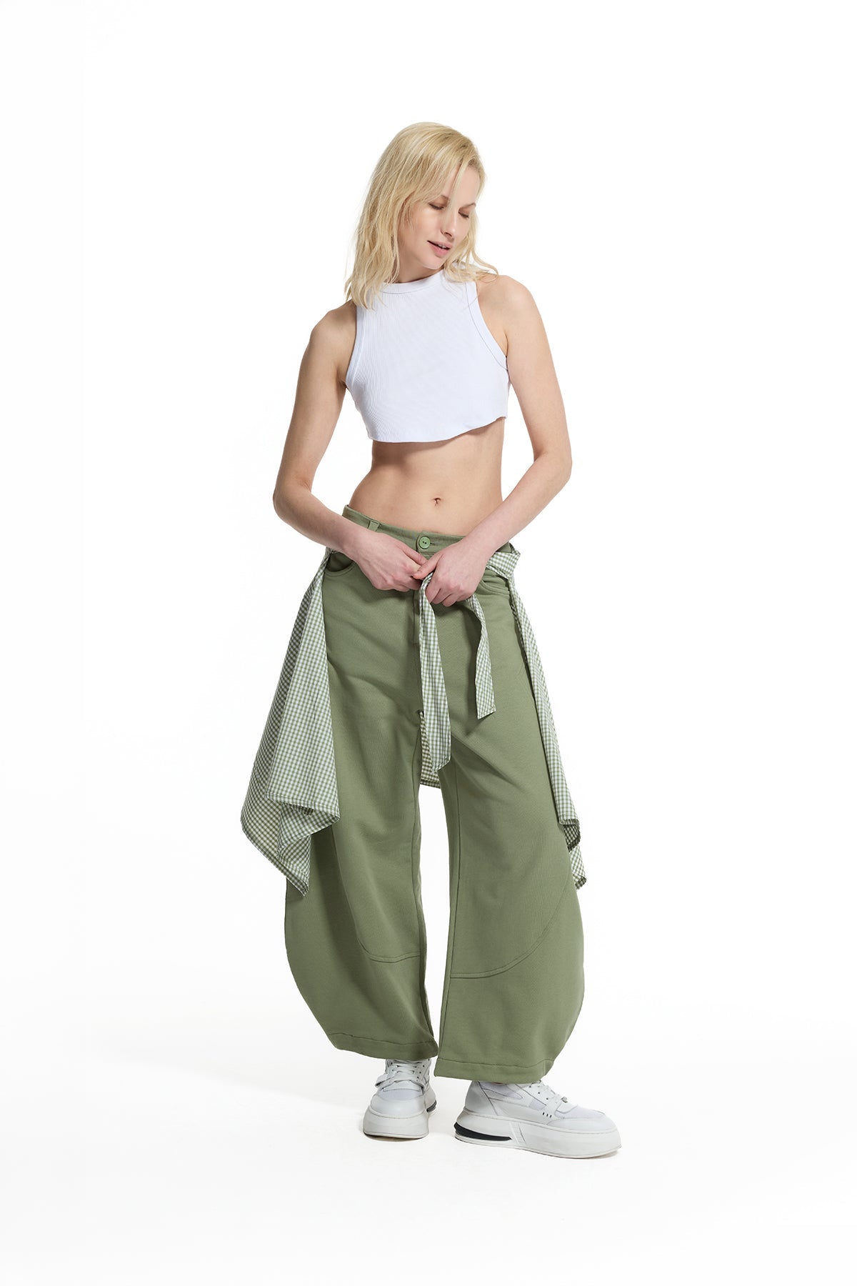 Khaki Belt Detail Contrast Panel Trousers Trousers 19019