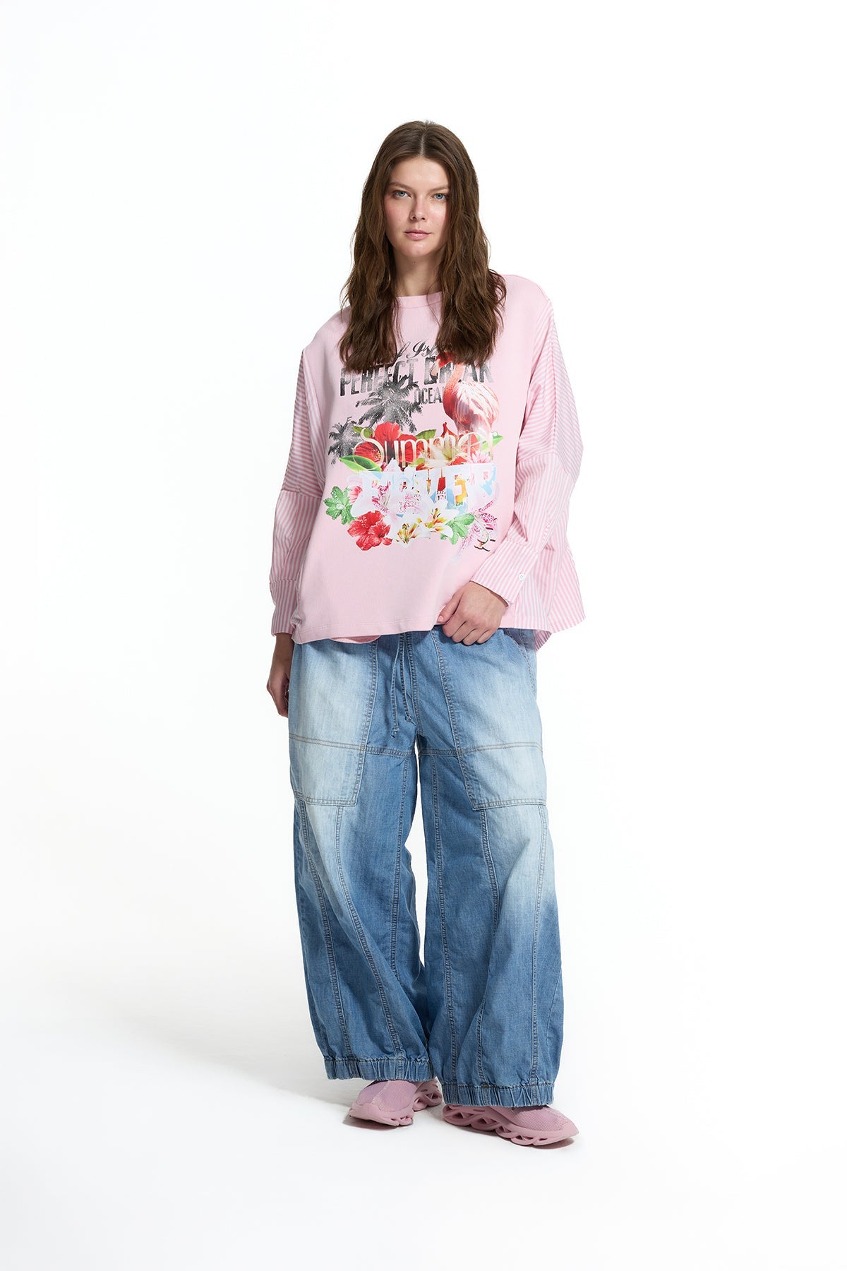 Pink Off White Flamingo Print Striped Sleeve Oversize Sweatshirt 19027