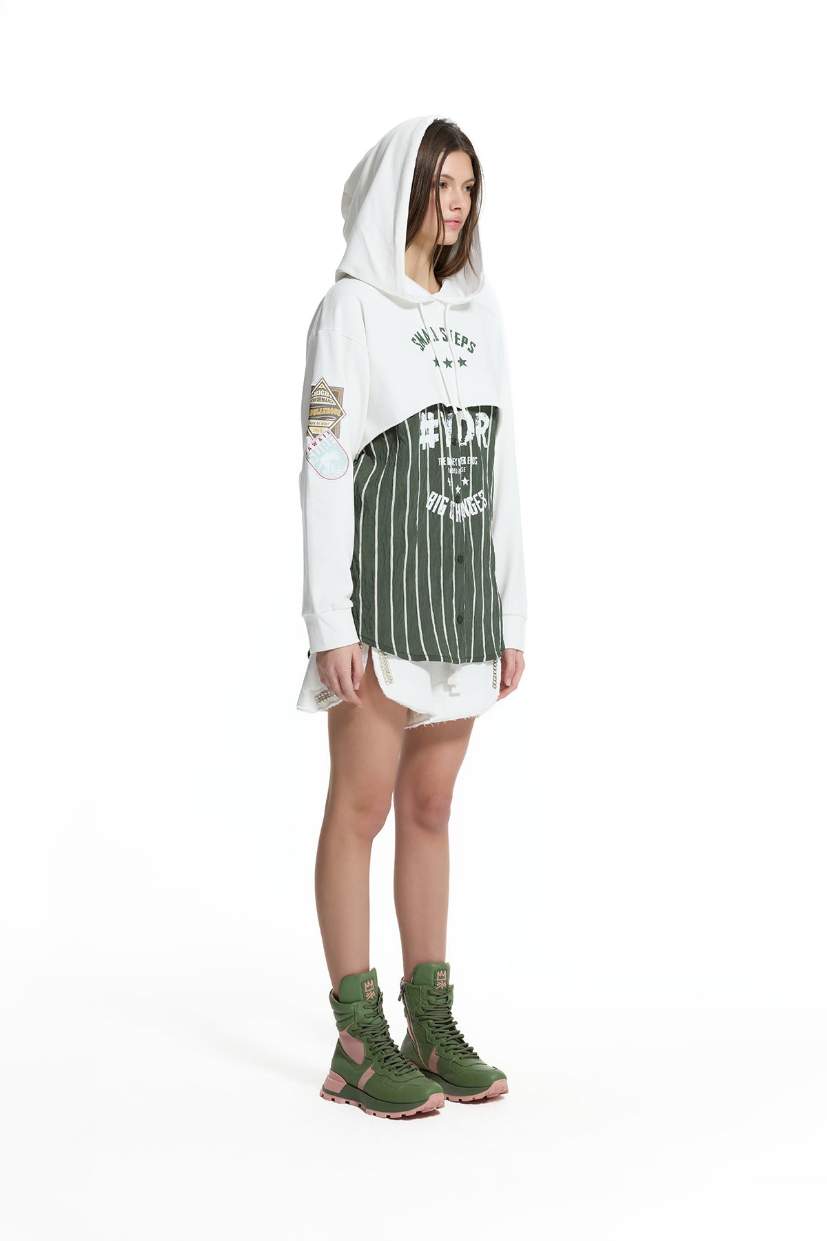Off White Green Layered Hooded Striped Panel Detail Oversize Tunic Sweatshirt 19028