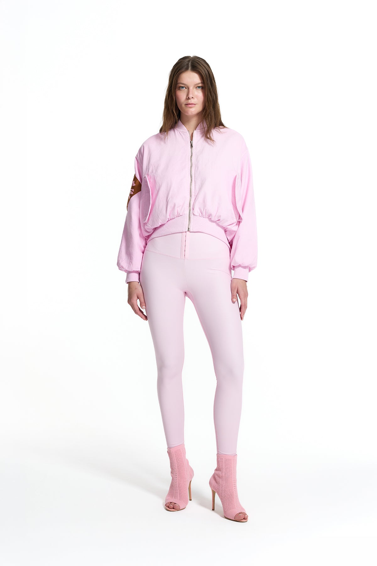 Pink Cropped Zip Ribbed Pocket Detail Bomber Jacket 19050