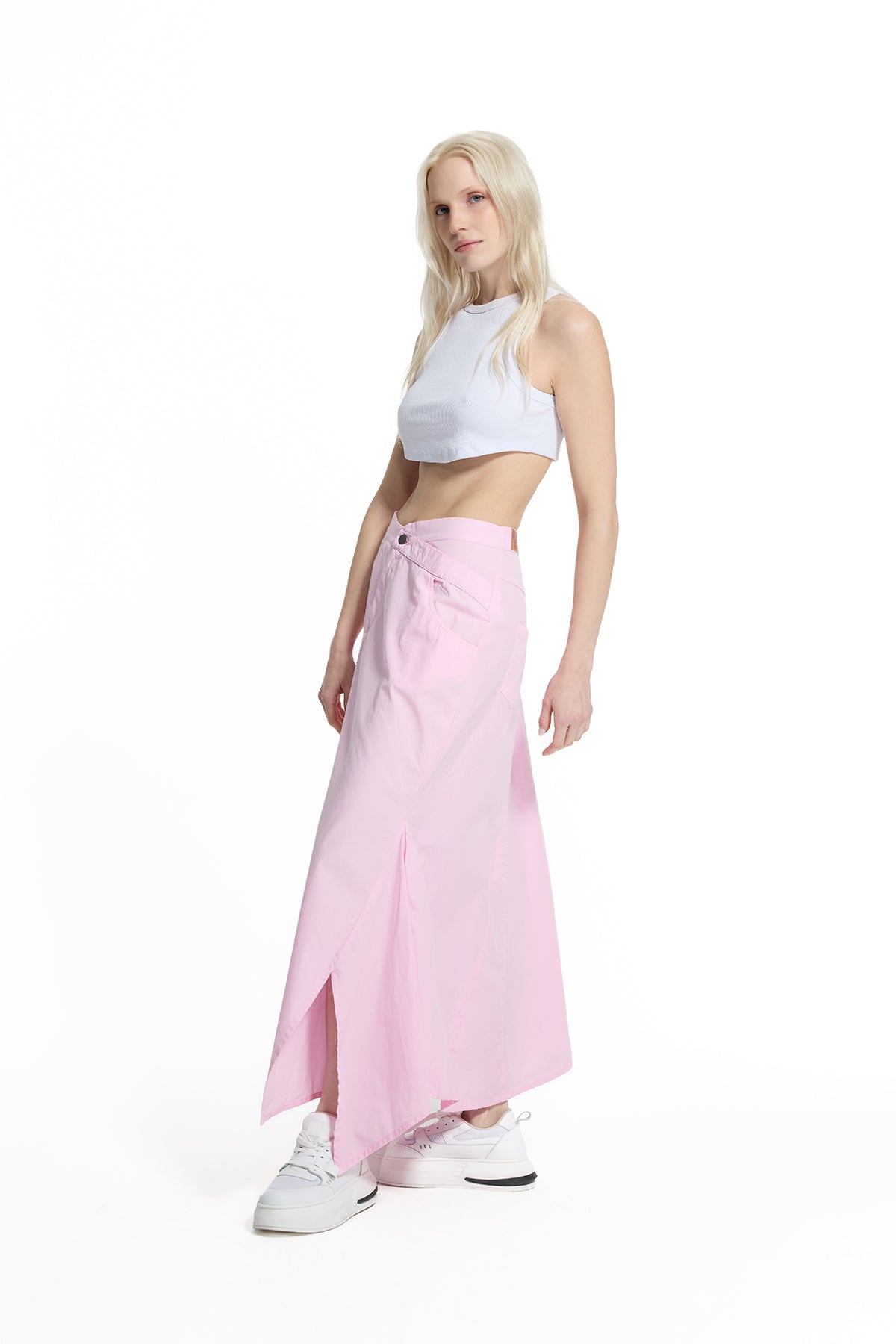 Pink Asymmetric Slit Detailed Long Skirt 19051
