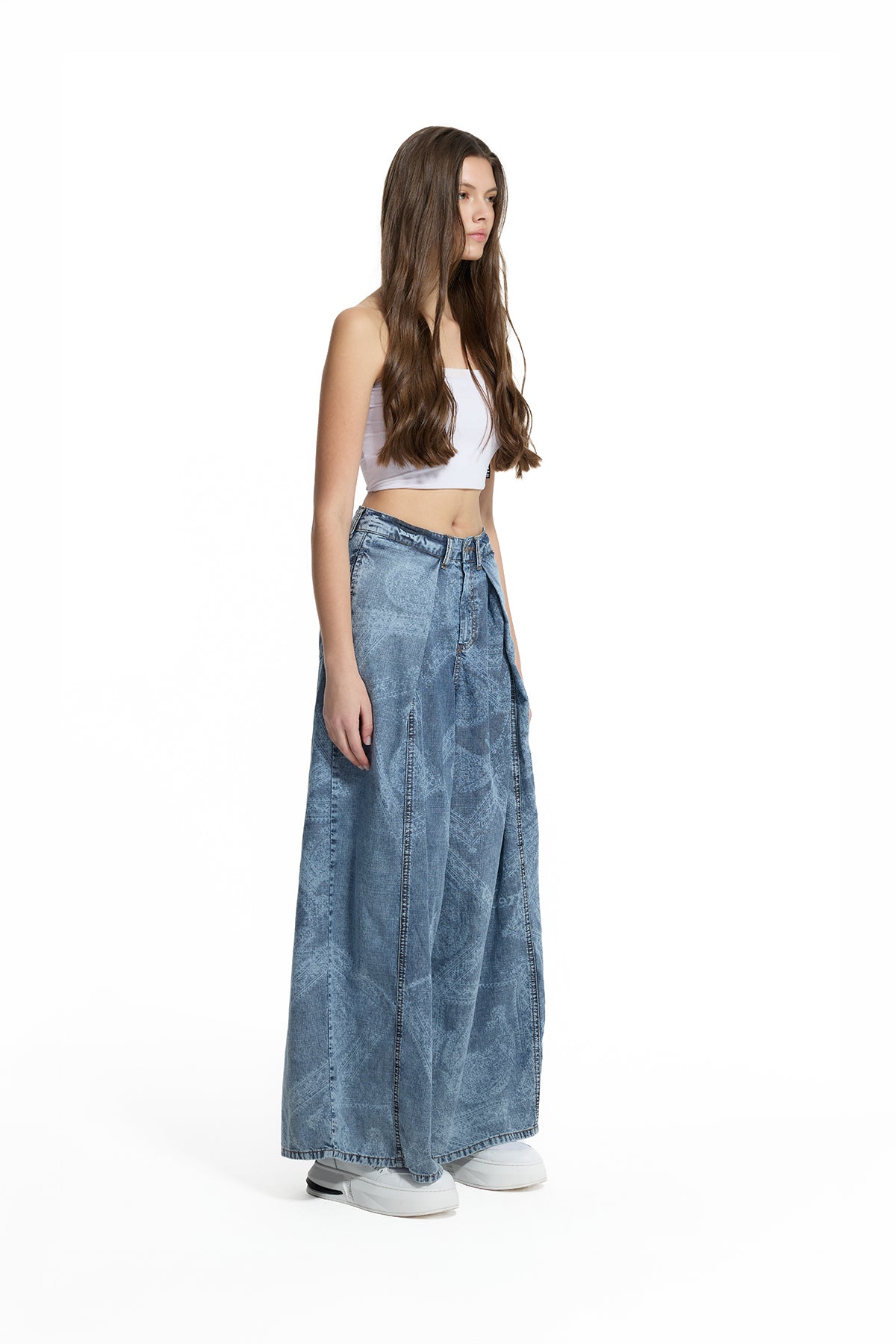 Blue Patterned Washed Wide Leg Denim Trousers 19061