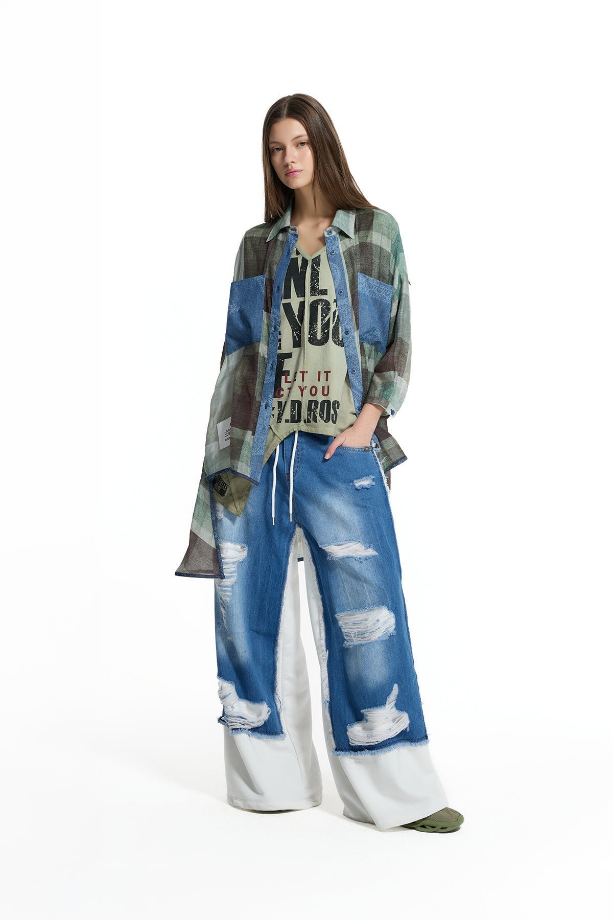 Blue Off White Contrast Fabric Distressed Denim Wide Leg Trousers 19062