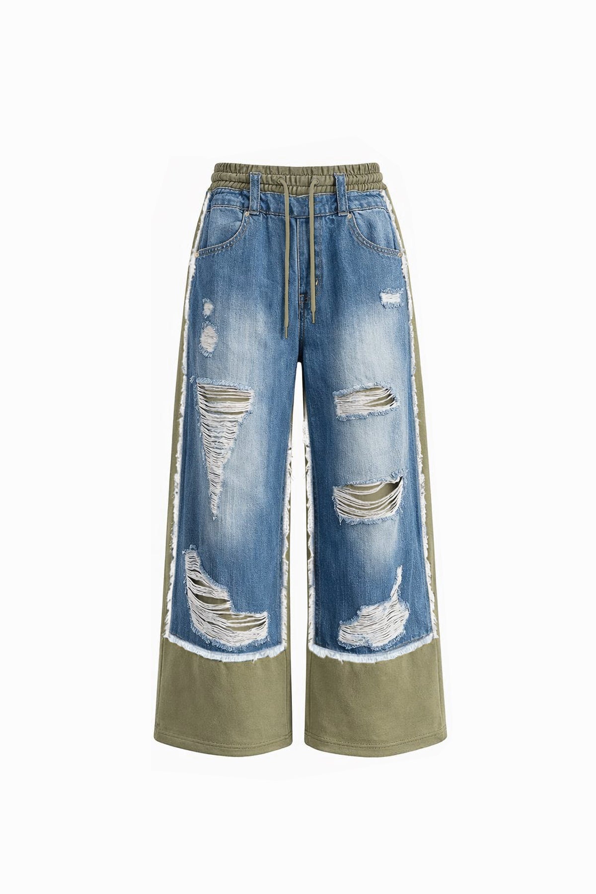 Blue Khaki Contrast Fabric Distressed Denim Wide Leg Trousers 19062