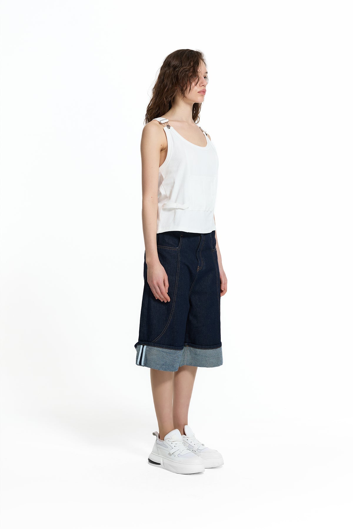 Blue Folded Hem Loose Fit Denim Bermuda Shorts 19063