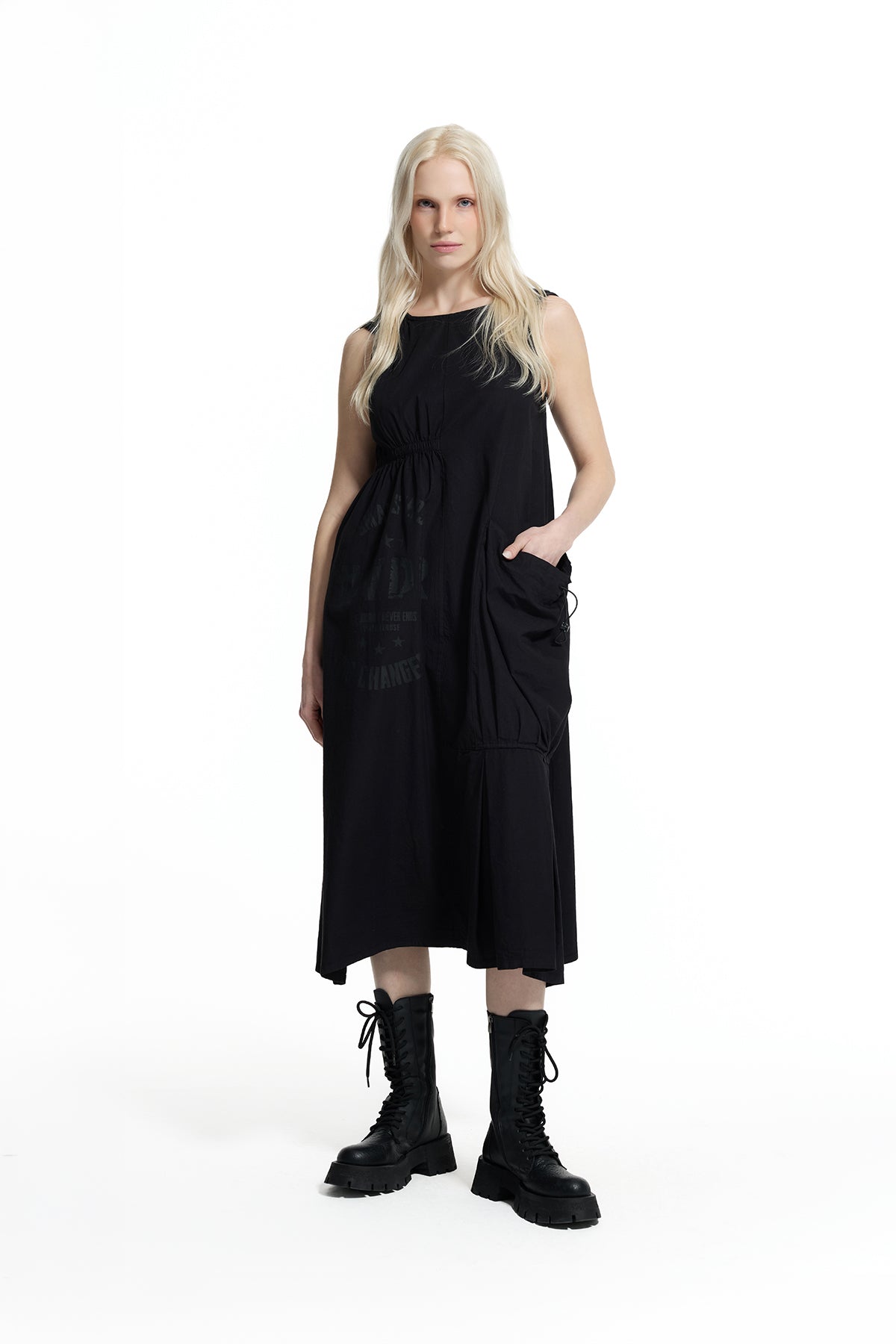 Black Asymmetric Pocket Detail Fluid Silhouette Midi Dress 19090