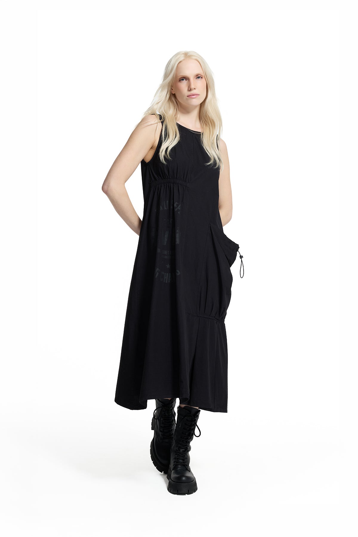 Black Asymmetric Pocket Detail Fluid Silhouette Midi Dress 19090