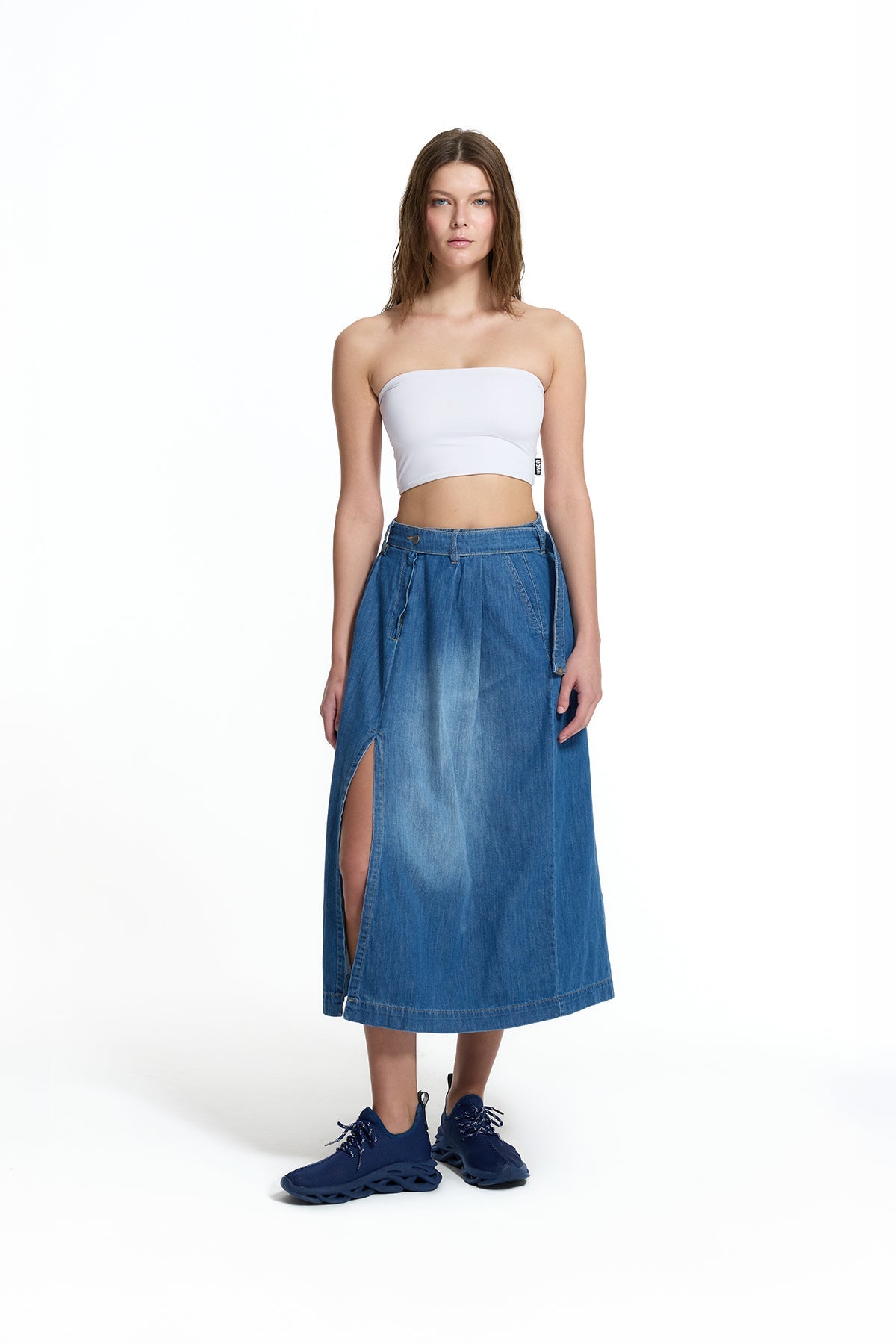 Blue Belted Culotte Denim Skirt 19123