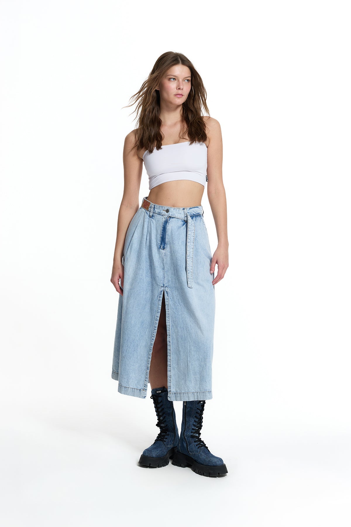 Ice Blue Belted Culotte Denim Skirt 19123