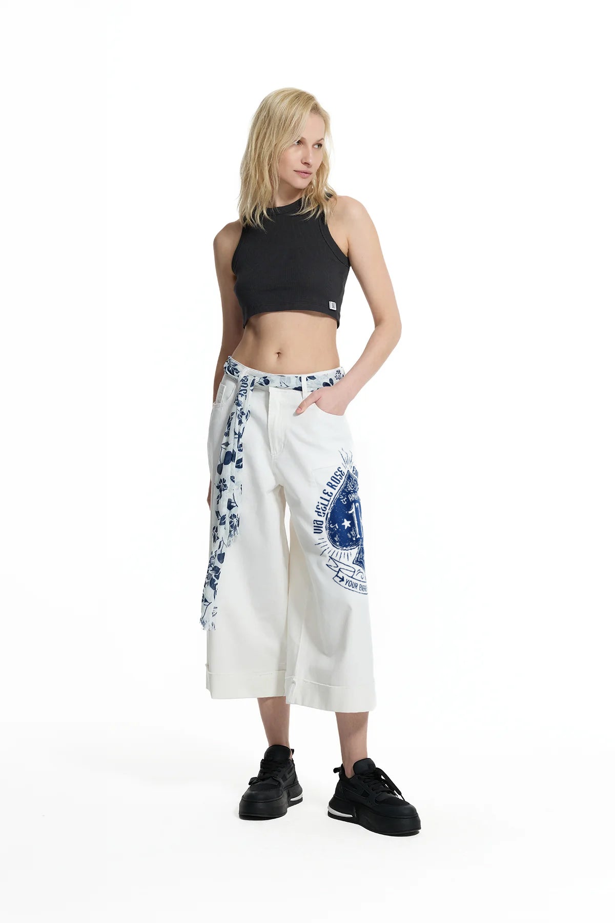 White Patch Print Belted Trousers 19131