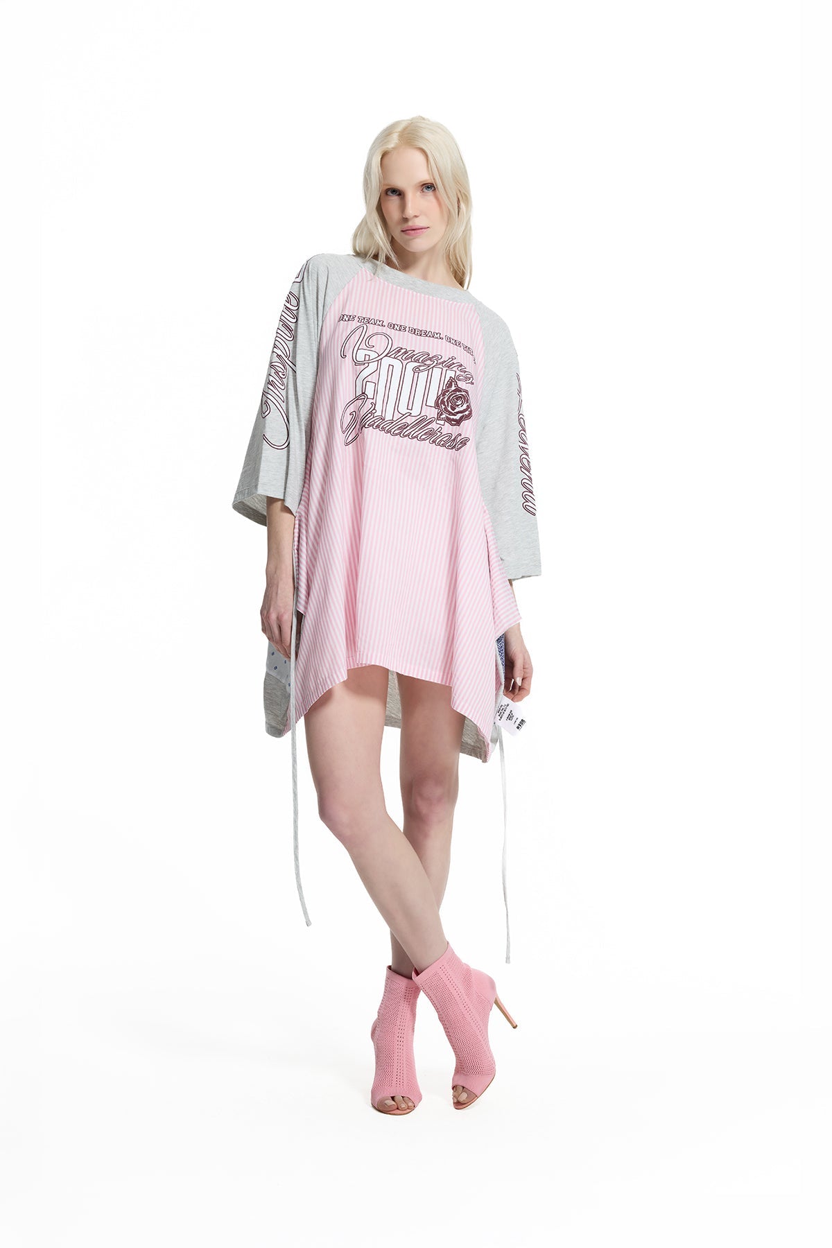 Pink Grey Melange Lace-up Contrast Panel Tunic 19136