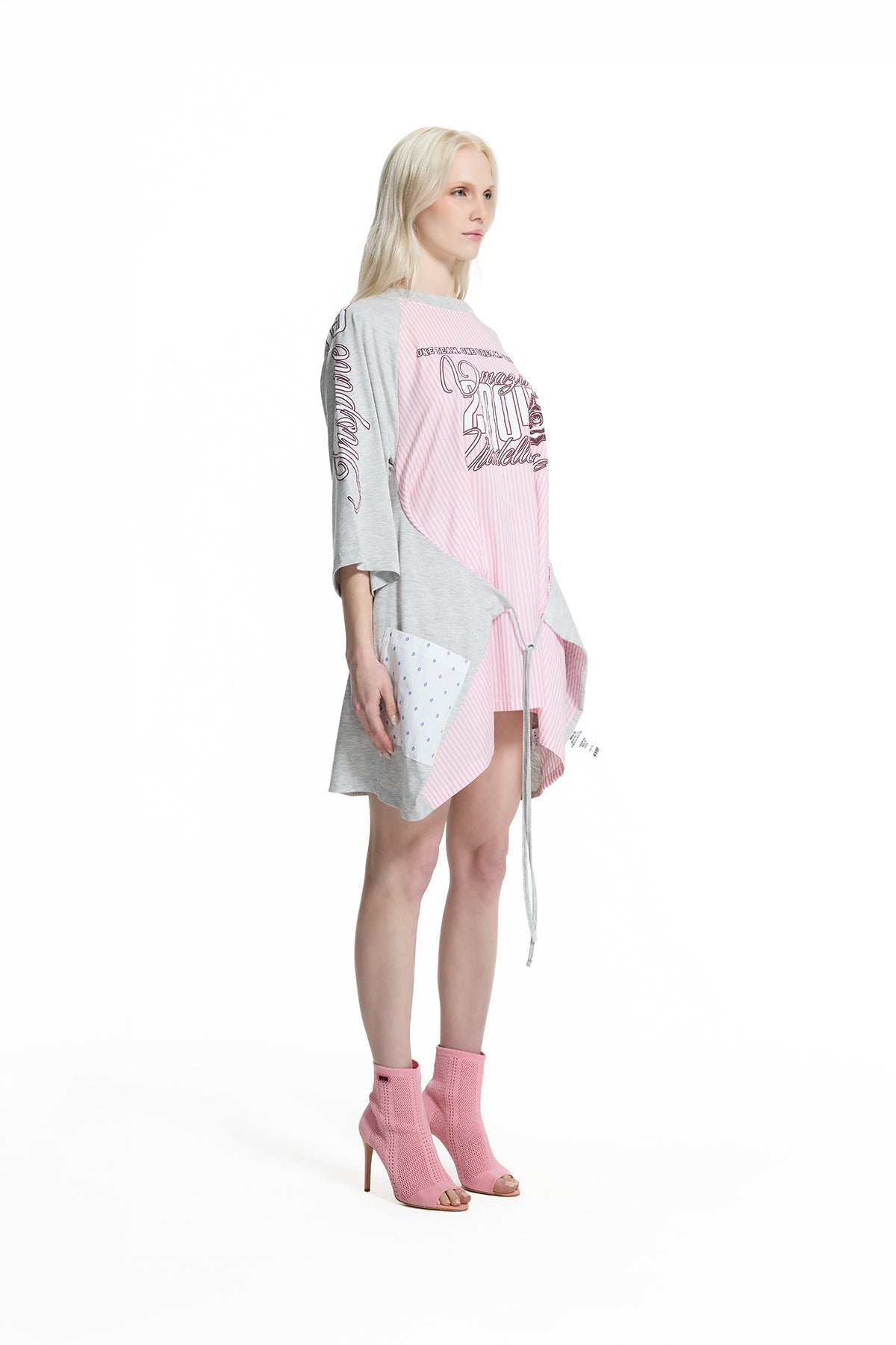 Pink Grey Melange Lace-up Contrast Panel Tunic 19136