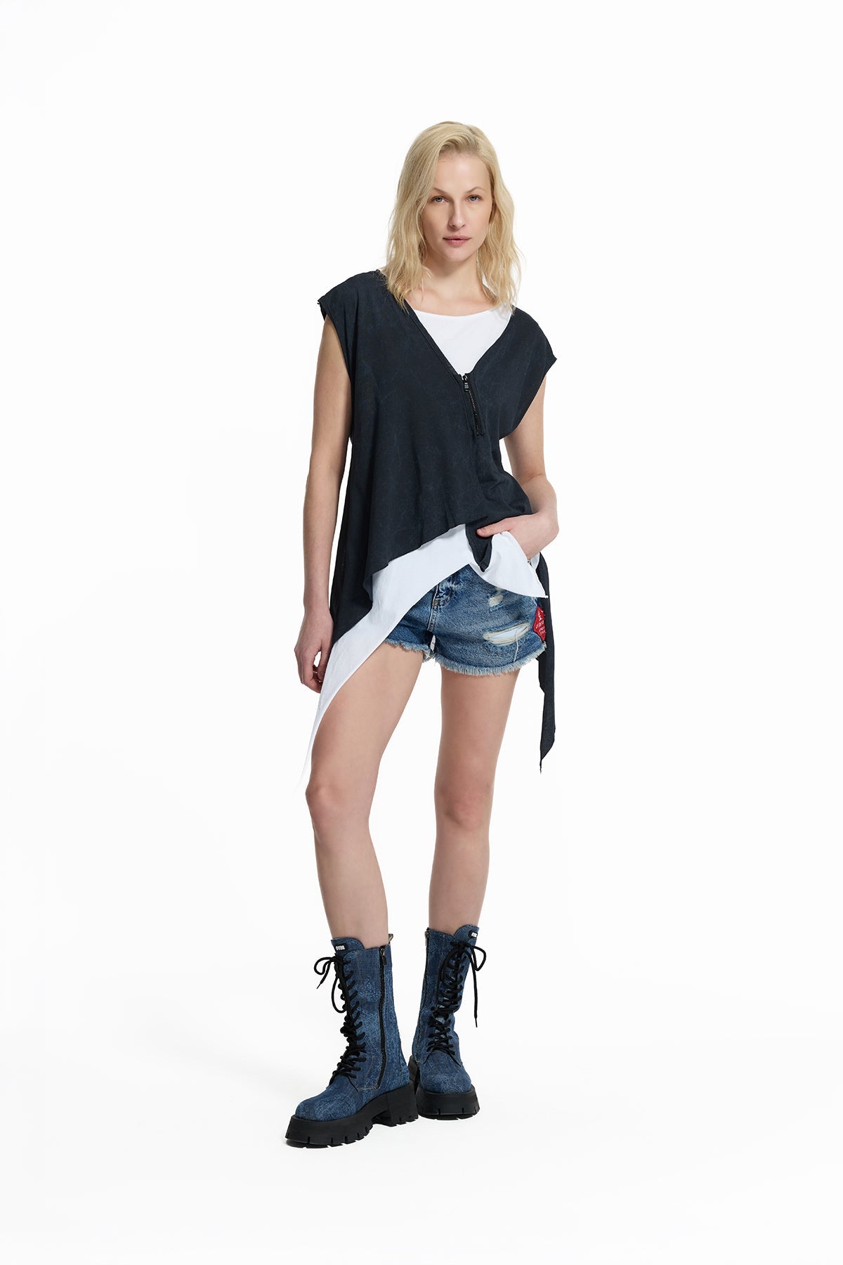 Black White Layered Asymmetric Tunic T-shirt 19142