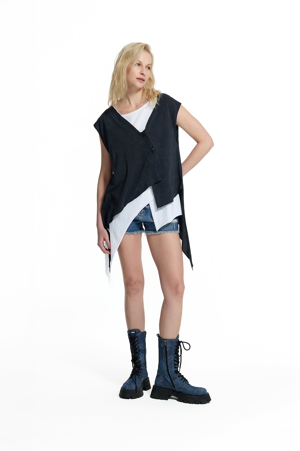 Black White Layered Asymmetric Tunic T-shirt 19142
