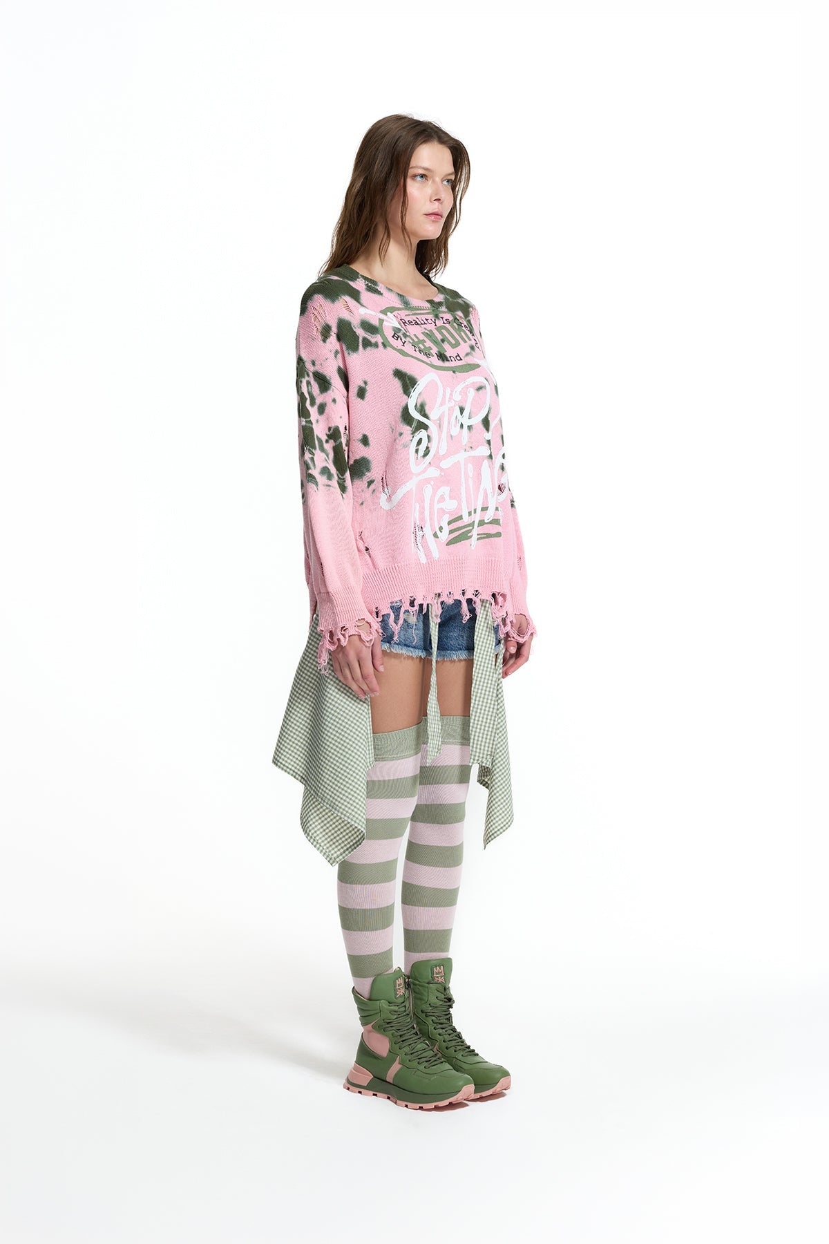 Pink Khaki Tie-dye Fringe Knit Sweater 19158